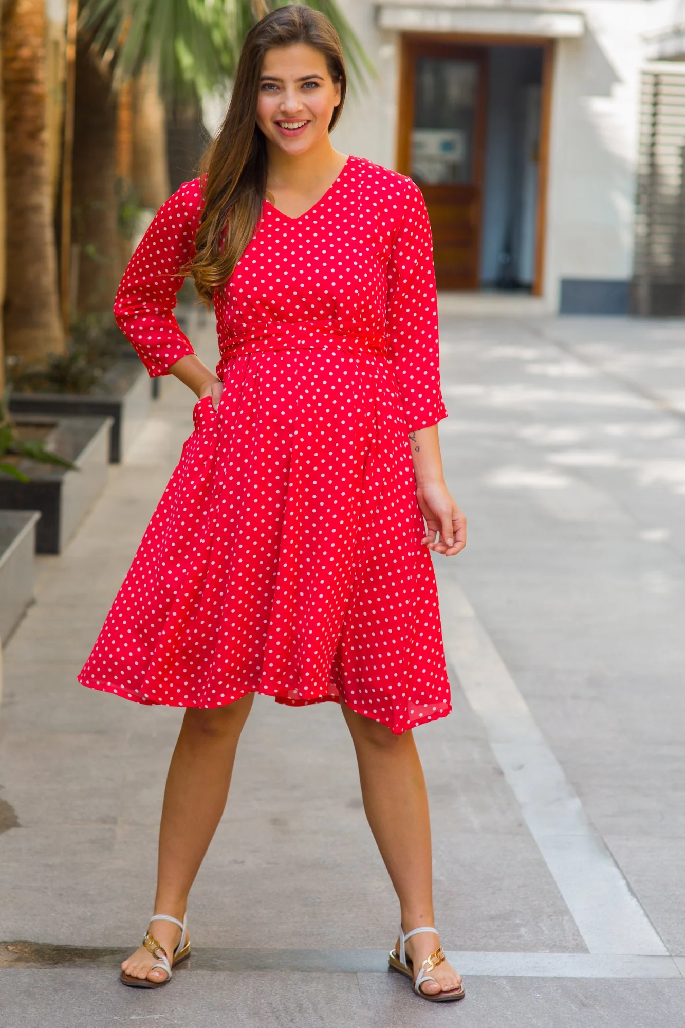 Chirpy Red Polka Maternity & Nursing Dress - Chenance