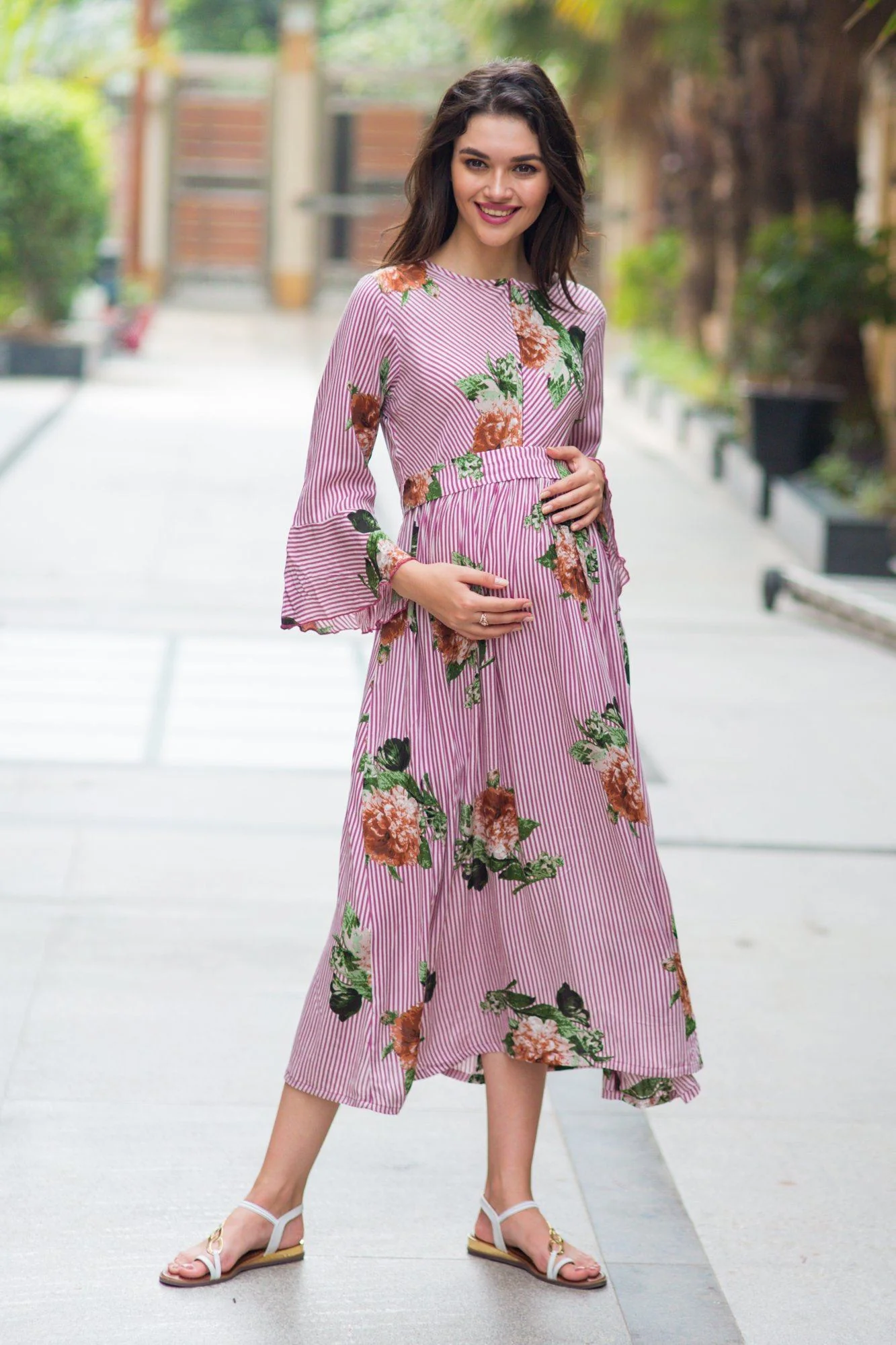 Striped Floral Boho Maternity & Nursing Dress - Chenance