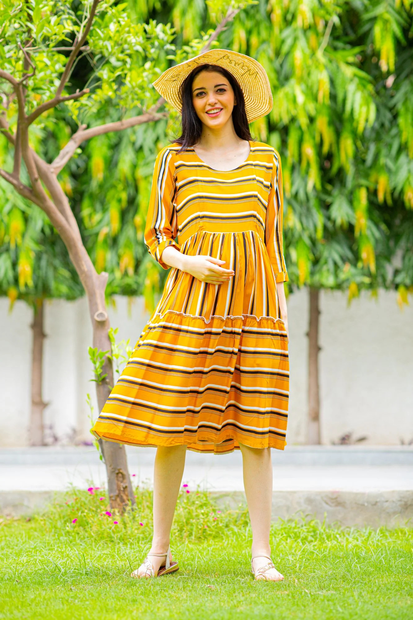 Canary Stripe Maternity & Nursing Dress - Chenance