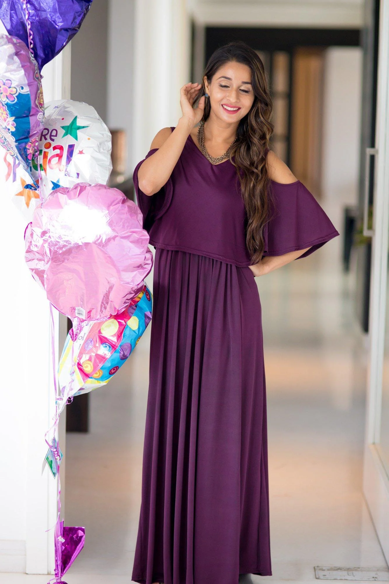 Plum Cold Shoulder Maternity & Nursing Maxi Dress - Chenance