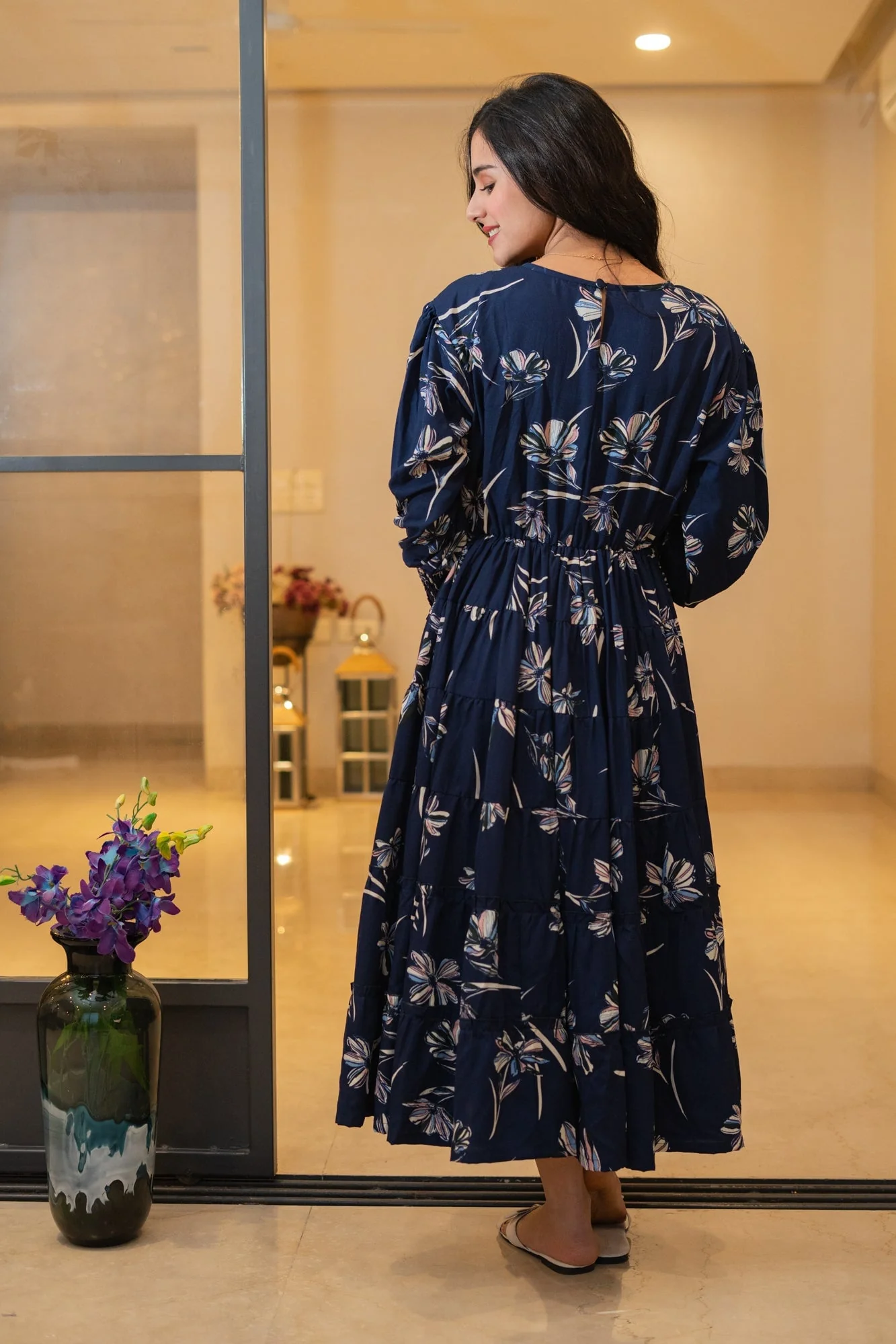 Midnight Blue Retro Crepe Blossom Formal Maternity & Nursing Pintucks Frill Dress - Chenance