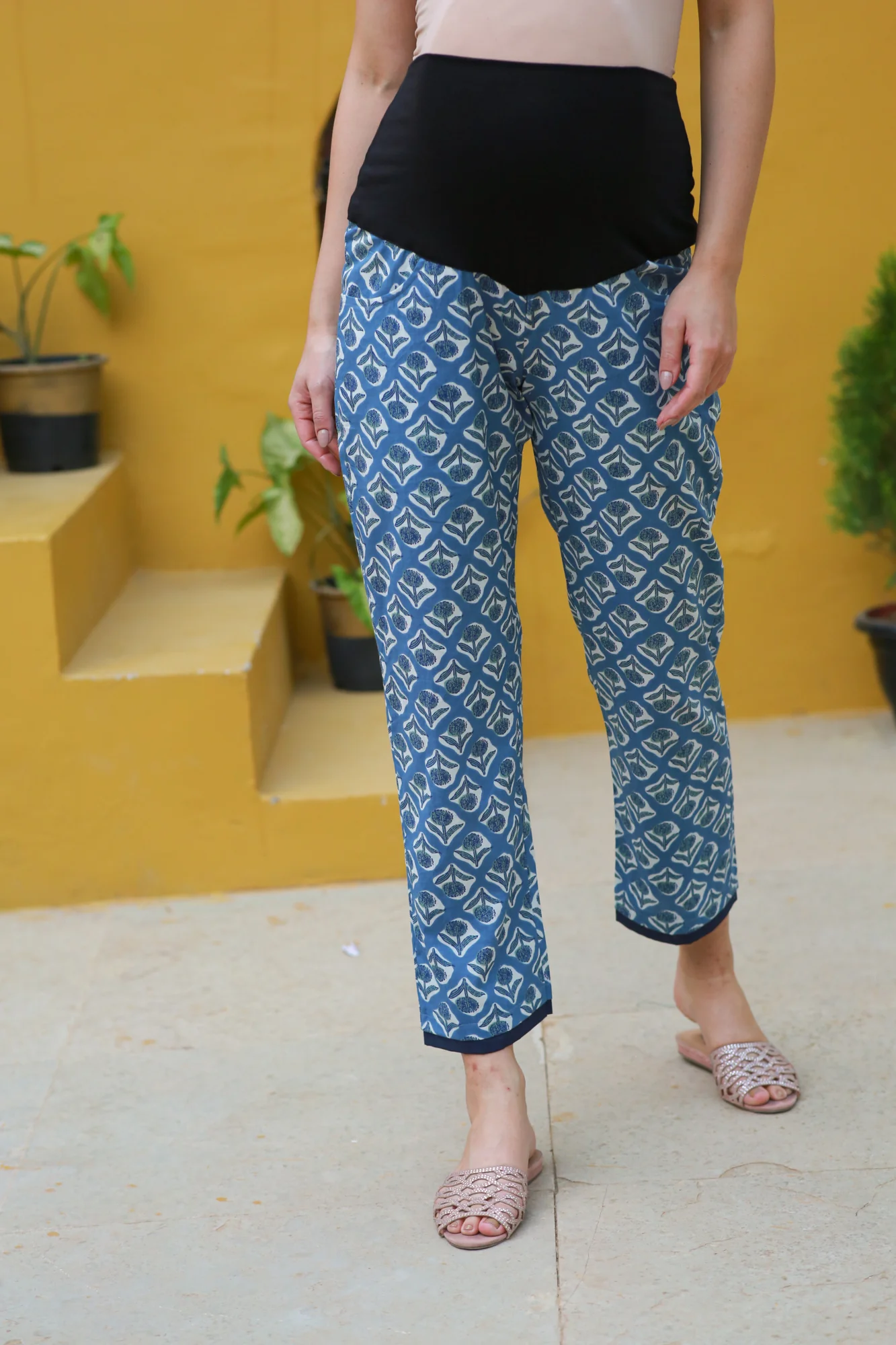 Pretty Indigo Blue Floral Maternity & Nursing Coord Set (100% Cotton) (2 pc) - Chenance