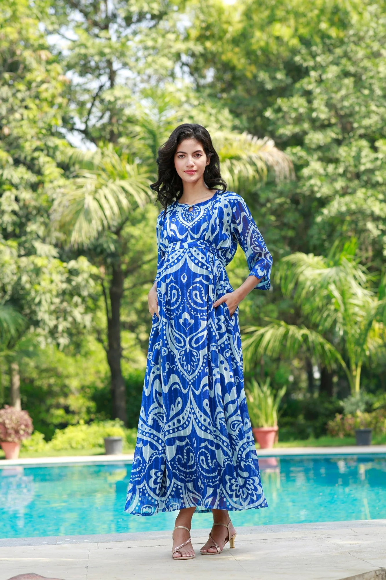 Azure Paisley Art Slit Concealed Zips Maternity & Nursing Dress - Chenance