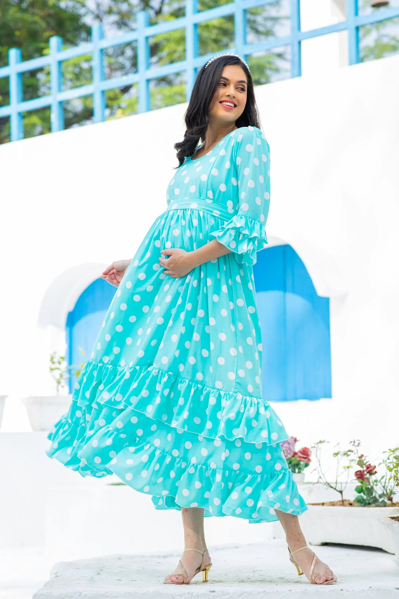 Classic Turquoise Polka Maternity & Nursing Frill Dress - Chenance