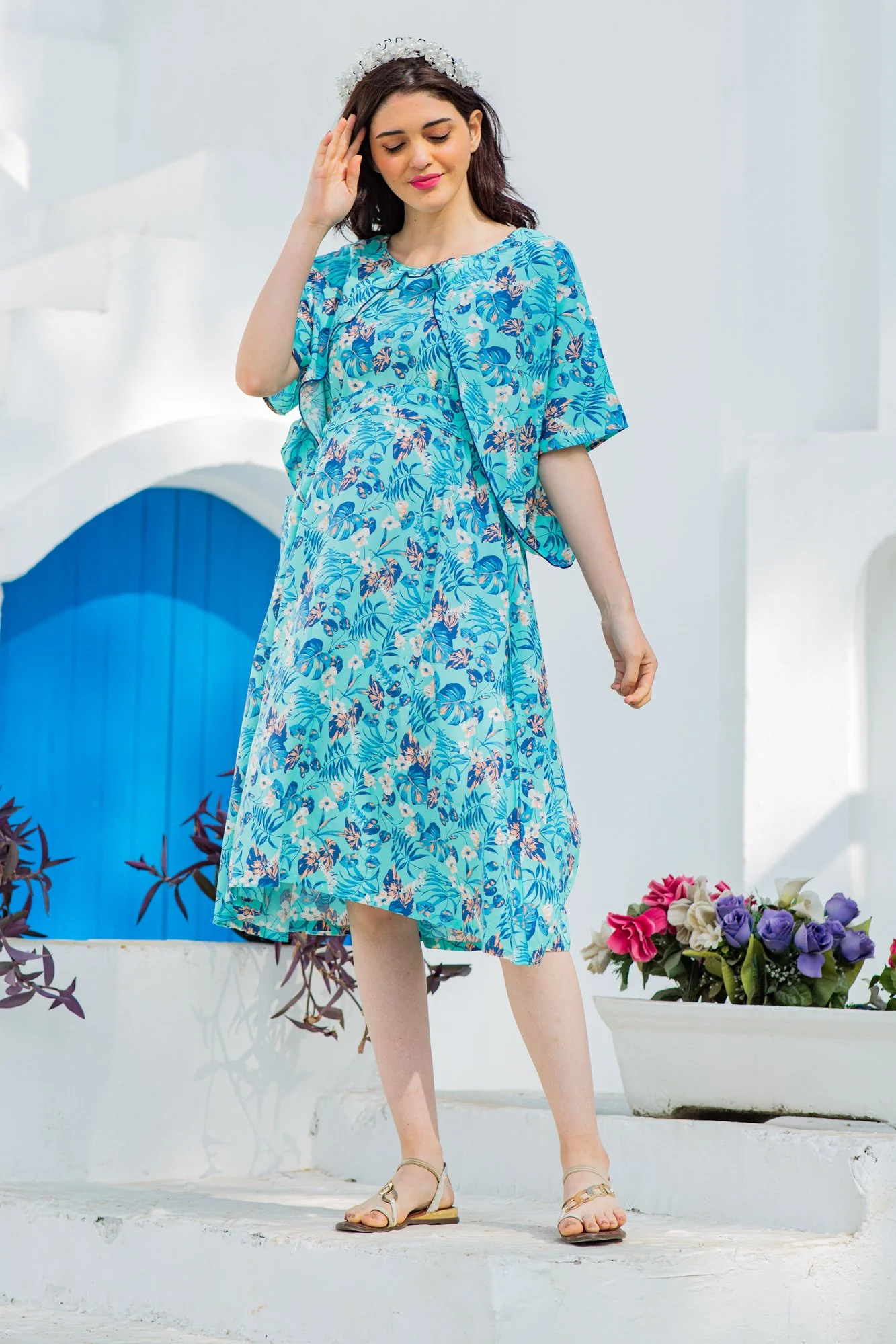 Blue Water Lilly Maternity & Nursing Flap Dress - Chenance