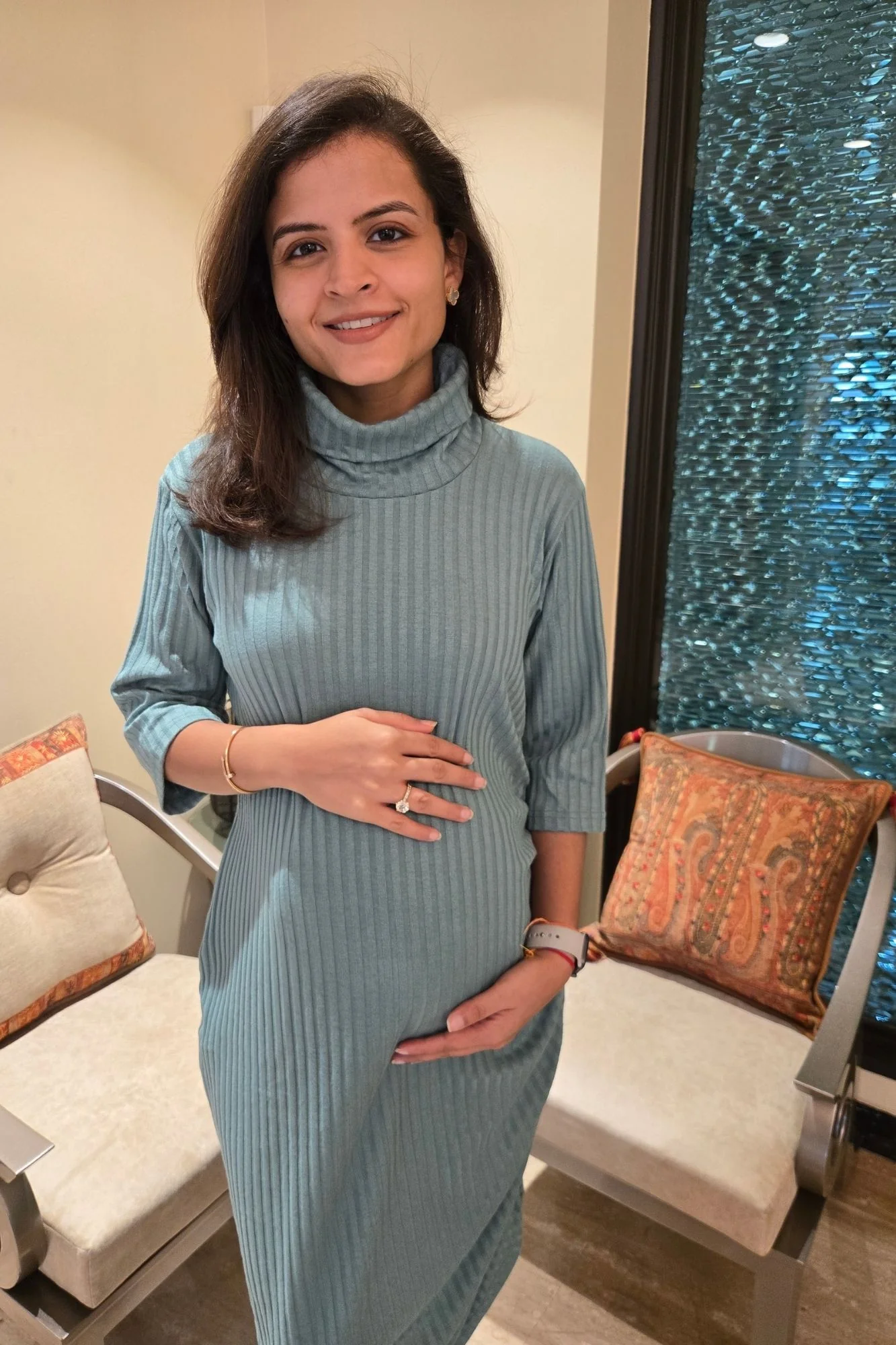 Refined Dusty Teal Ribbed Maternity Fitted Winter Dress - Chenance