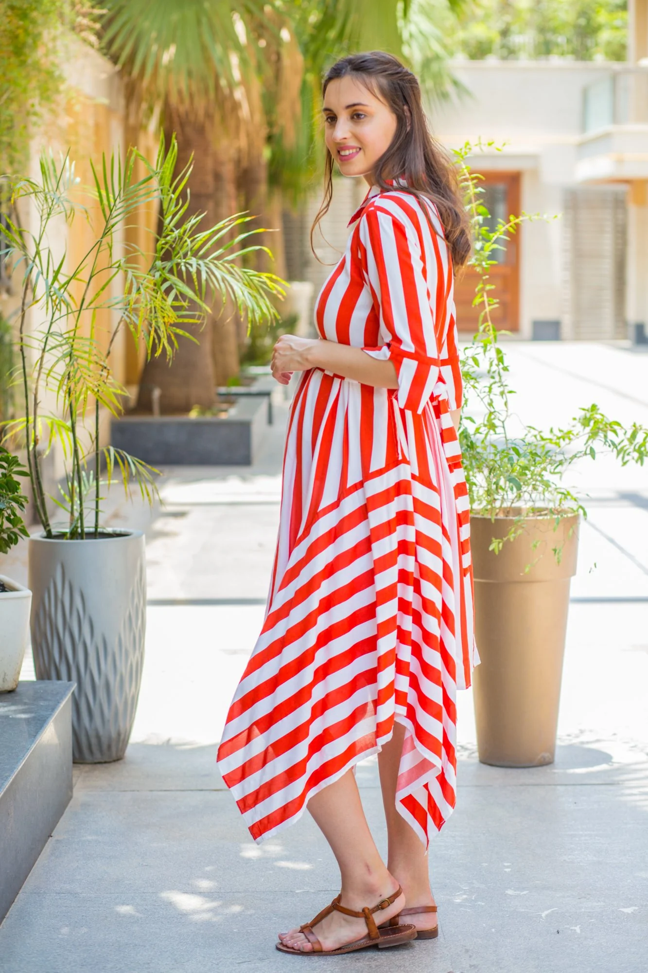 Candy Red Striped Maternity & Nursing Assymetrical Dress - Chenance