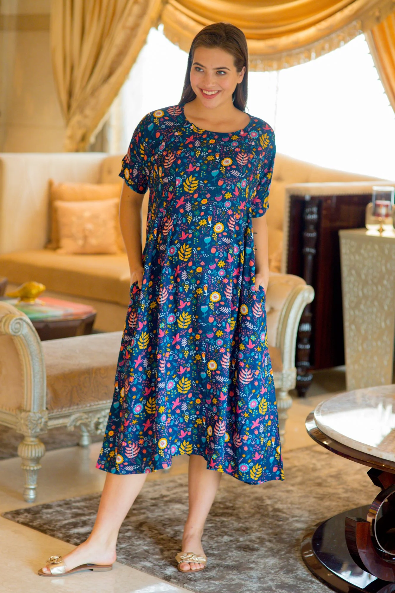 Set of 2 - Midnight Blue Shoulder Snap Delivery Gown + Matching Baby Swaddle - Chenance