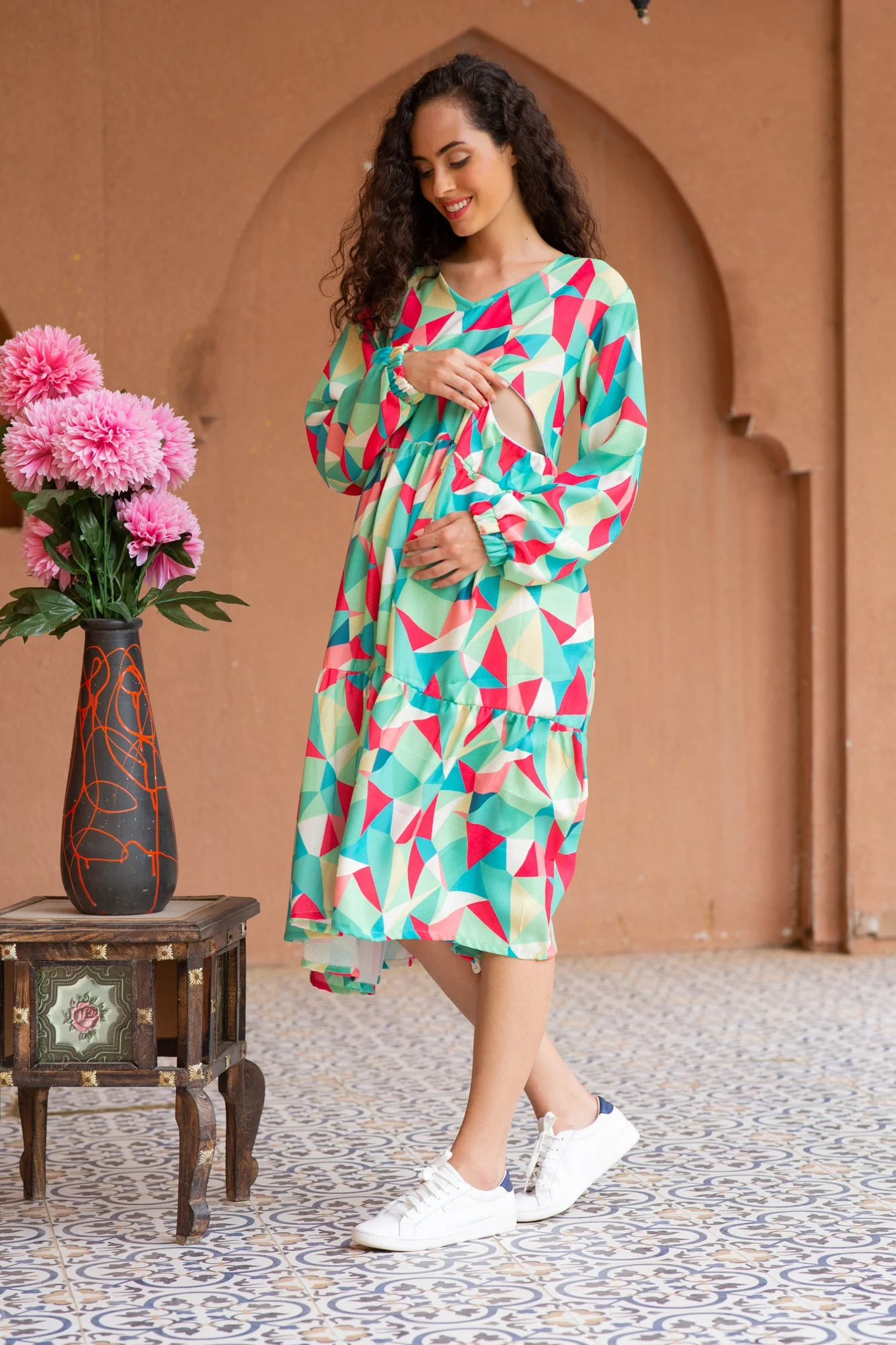 Boho Chic Multicolor Maternity & Nursing Knee Dress - Chenance