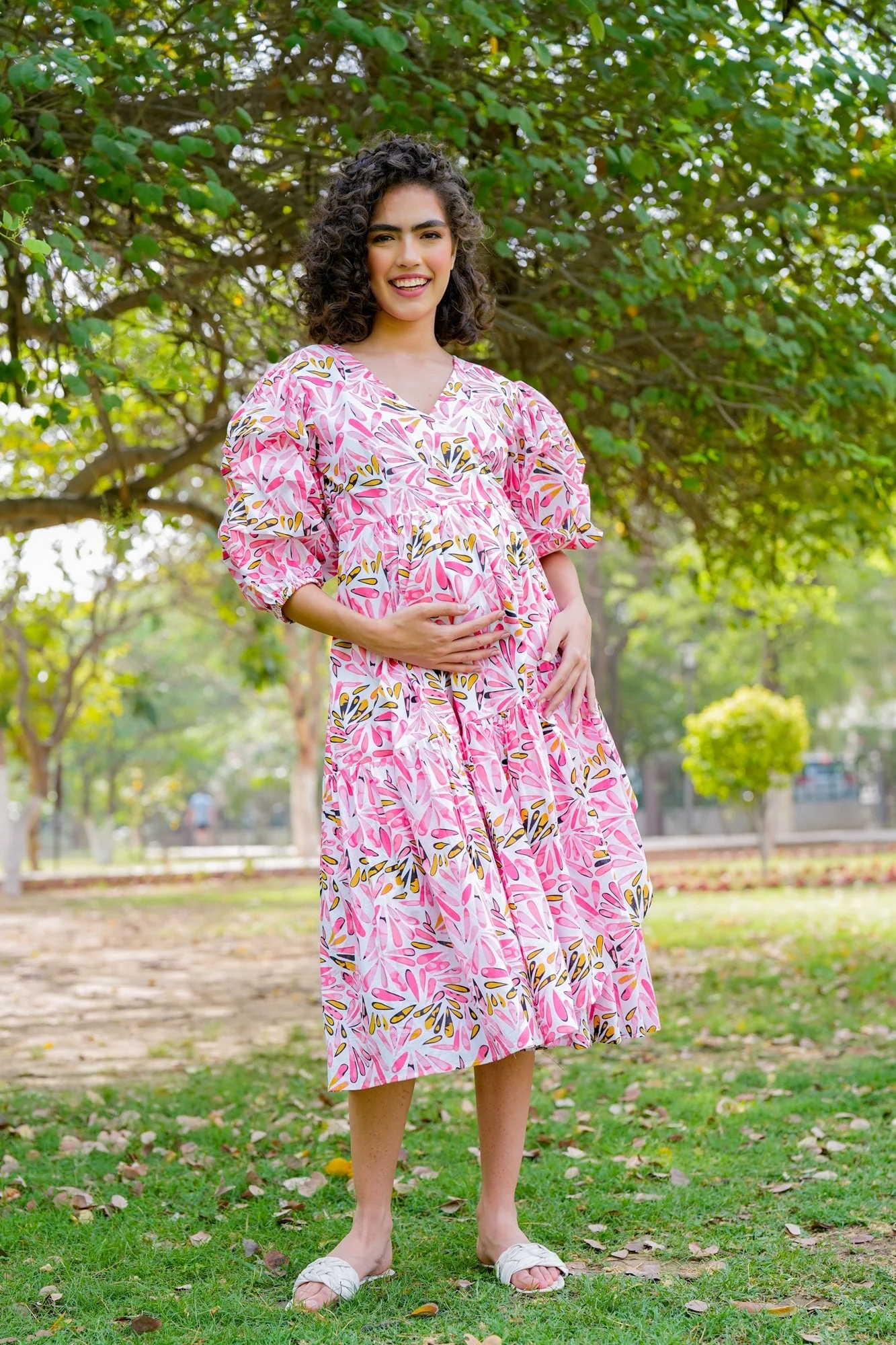 Pleasing Ivory Pinky Blossom Maternity & Nursing Frill Wrap Dress (100% Cotton) - Chenance
