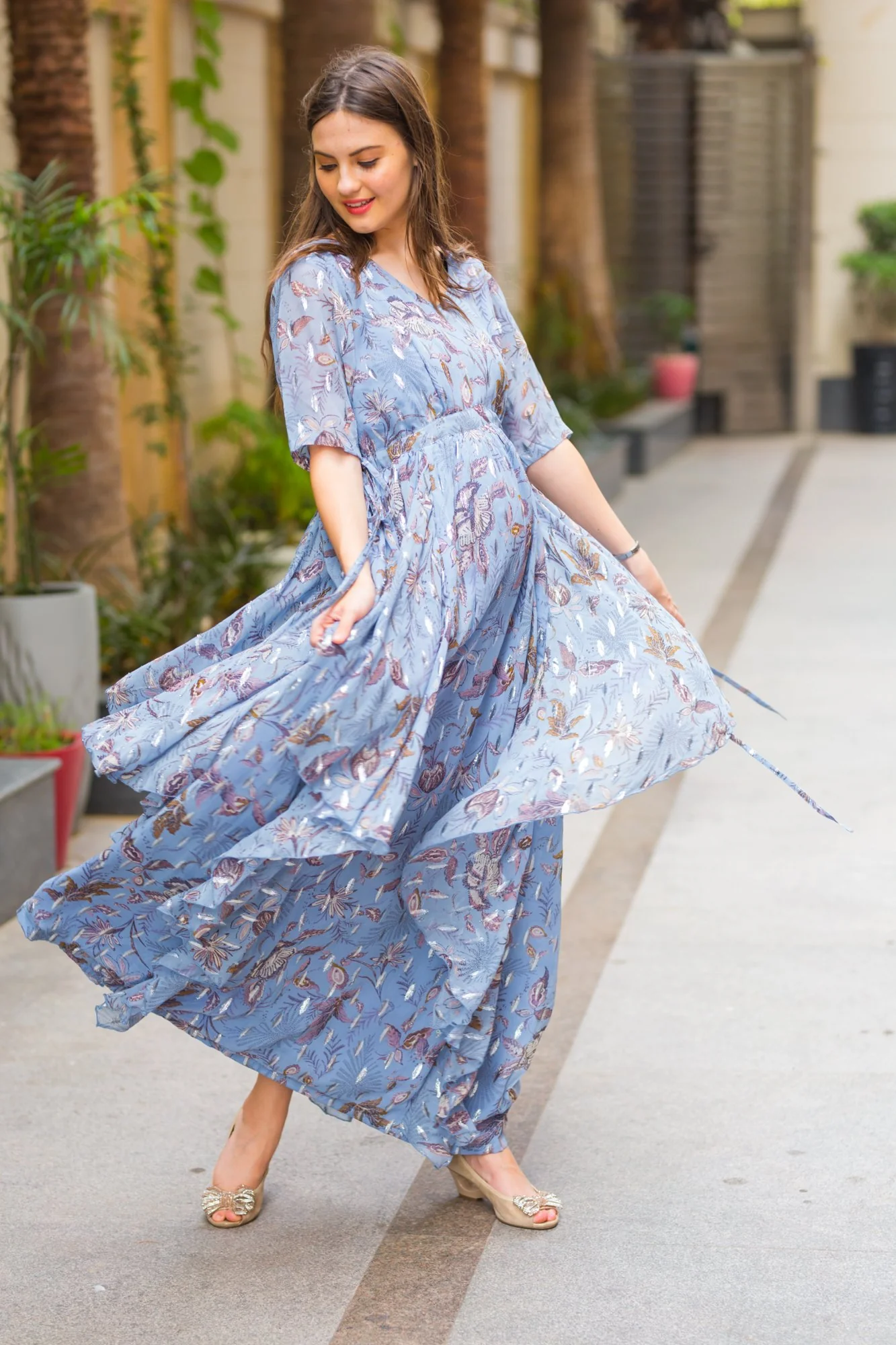 Luxe Foil Embellished Georgette Maternity Dress With Sleeves - Chenance