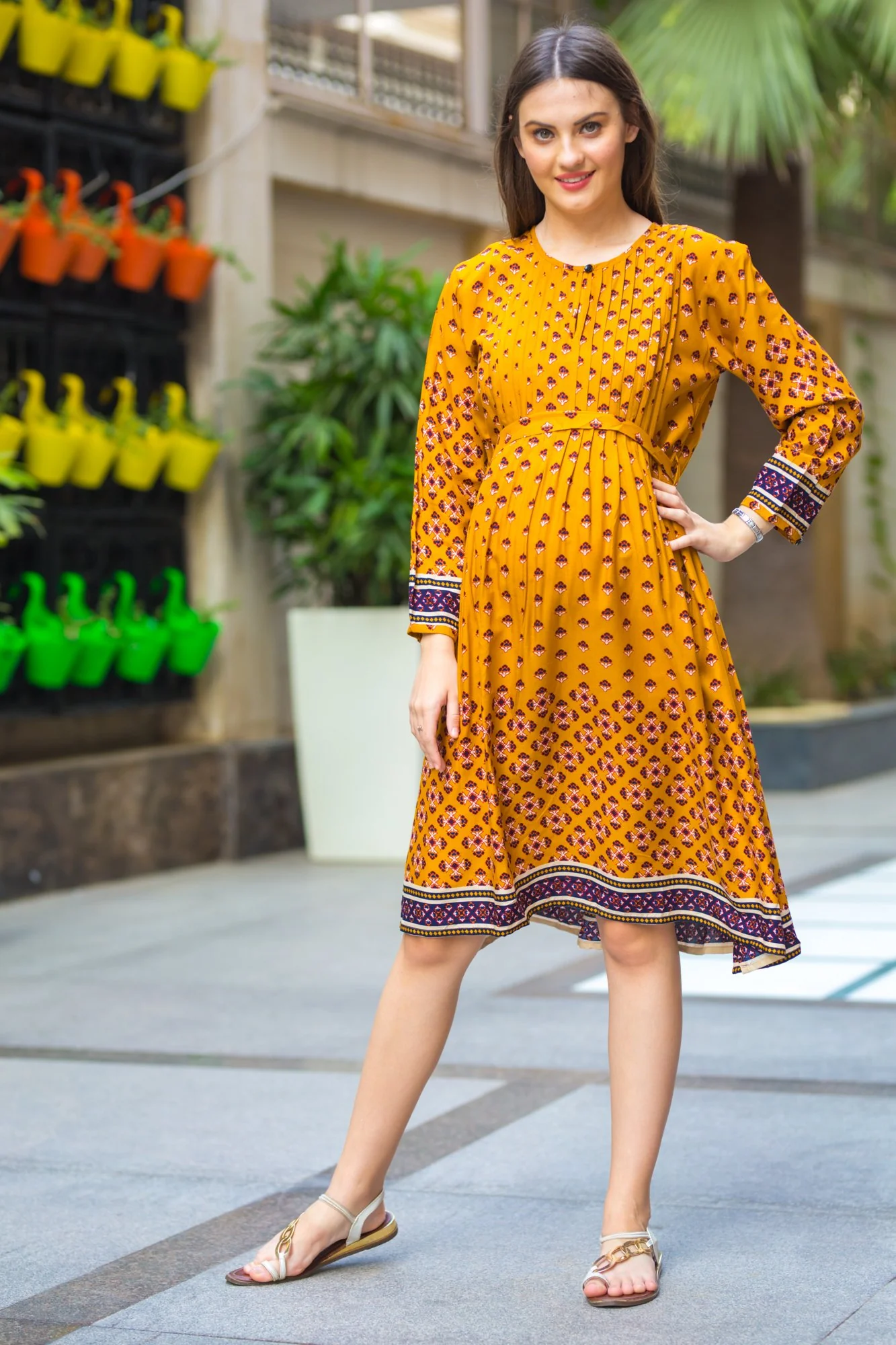 Honey Pleated Maternity & Nursing Kurta Dress - Chenance