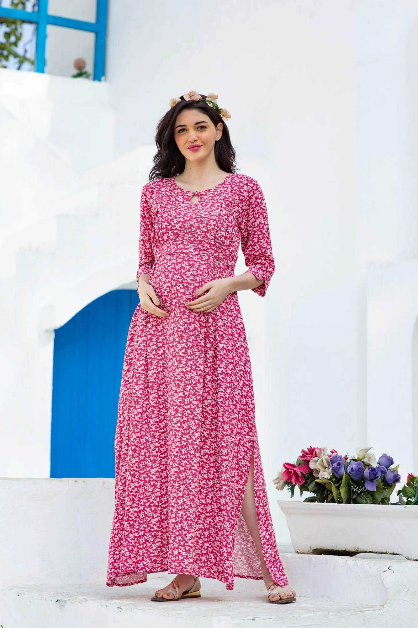 Burgundy Floral Side Slit Maternity & Feeding Dress - Chenance