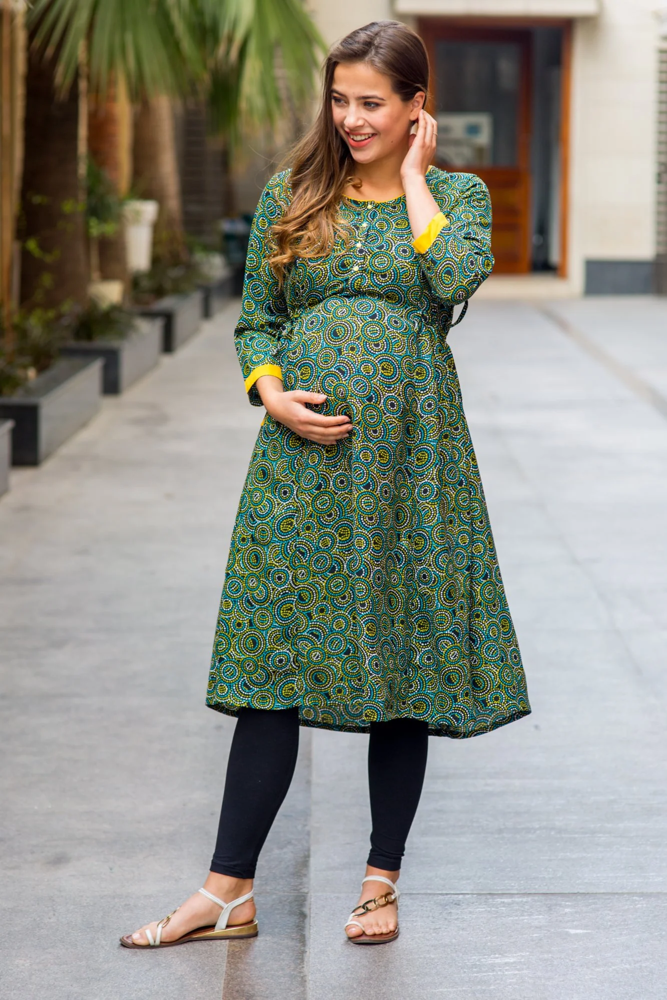 Geo Green Double Tie Maternity & Nursing Kurta Dress - Chenance