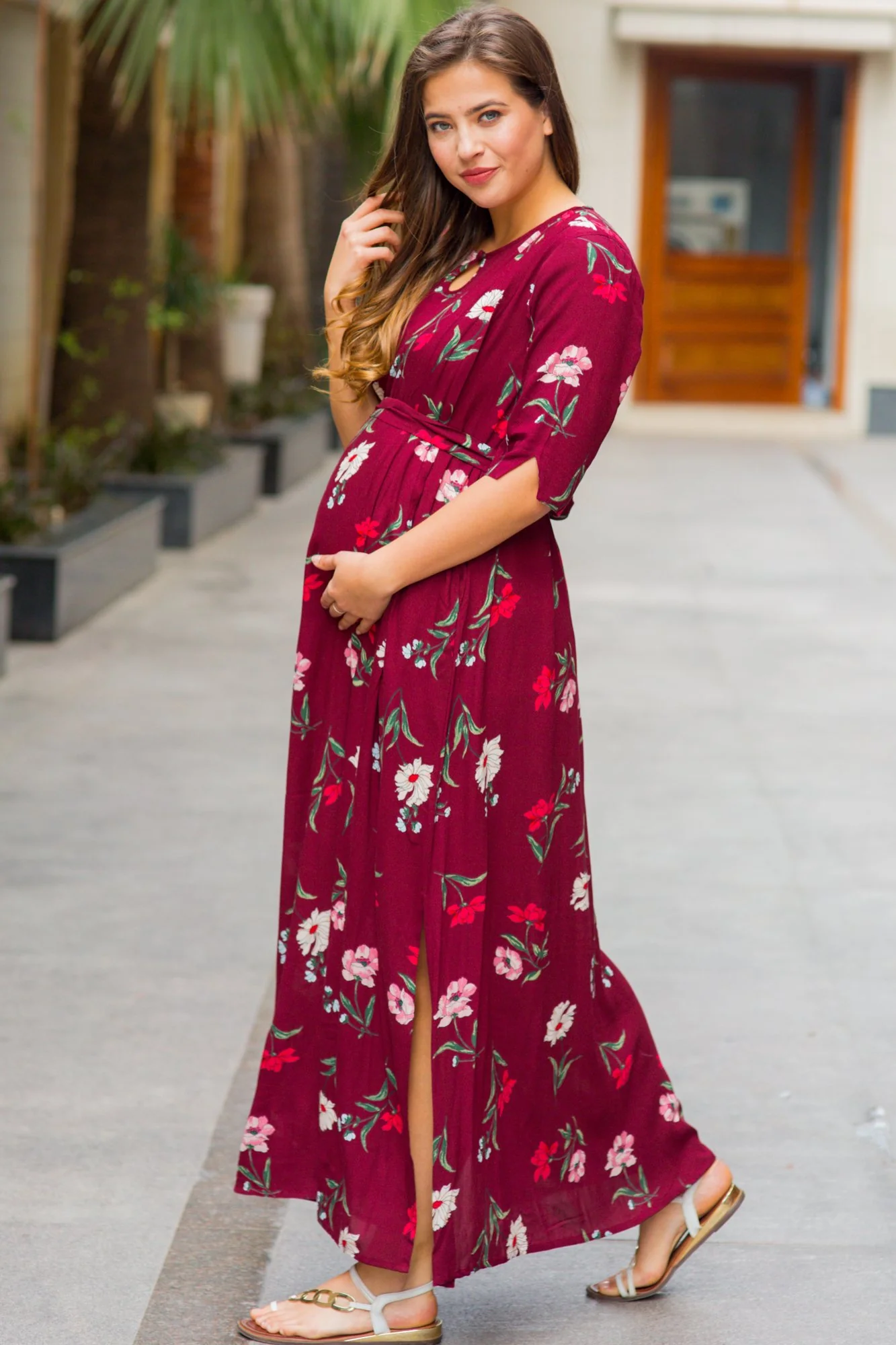 Burgundy Floral Side Slit Concealed Zips Feeding Dress - Chenance