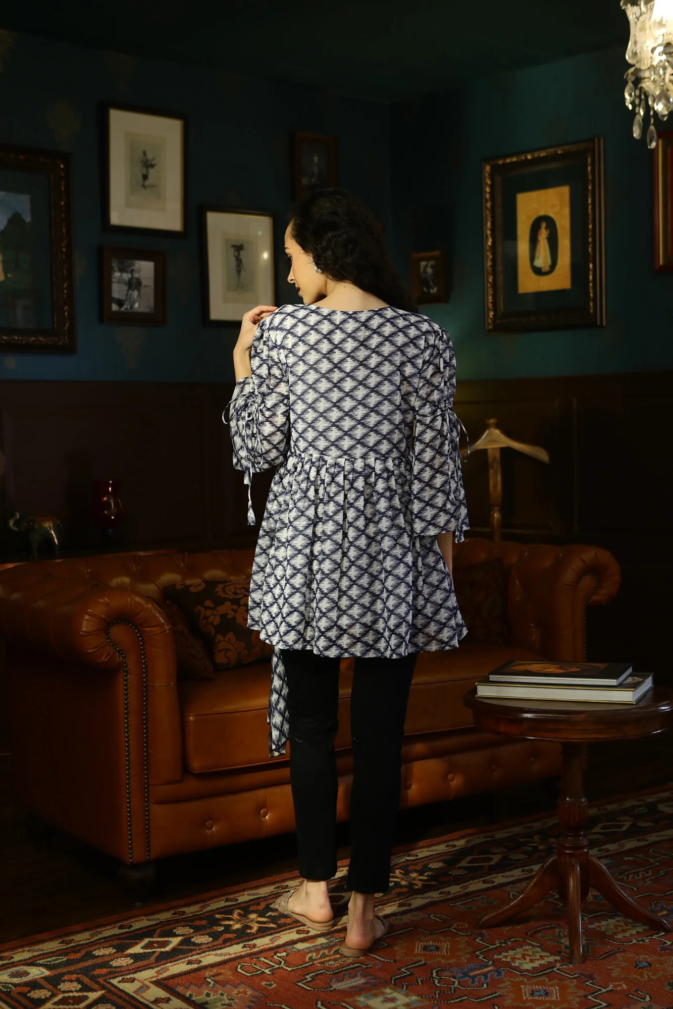 Luxe Ikkat Navy Blue Chiffon Gathered Maternity Top - Chenance