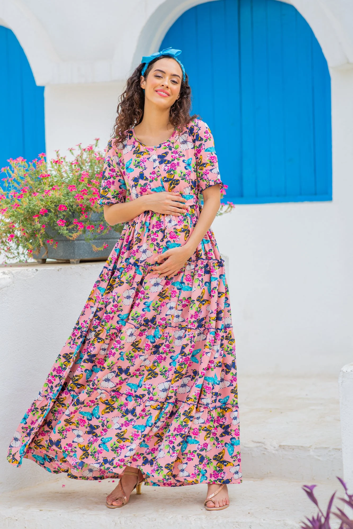 Jolly Butterflying Pink Multilayer Frill Single Concealed Zip Maternity & Nursing Dress - Chenance