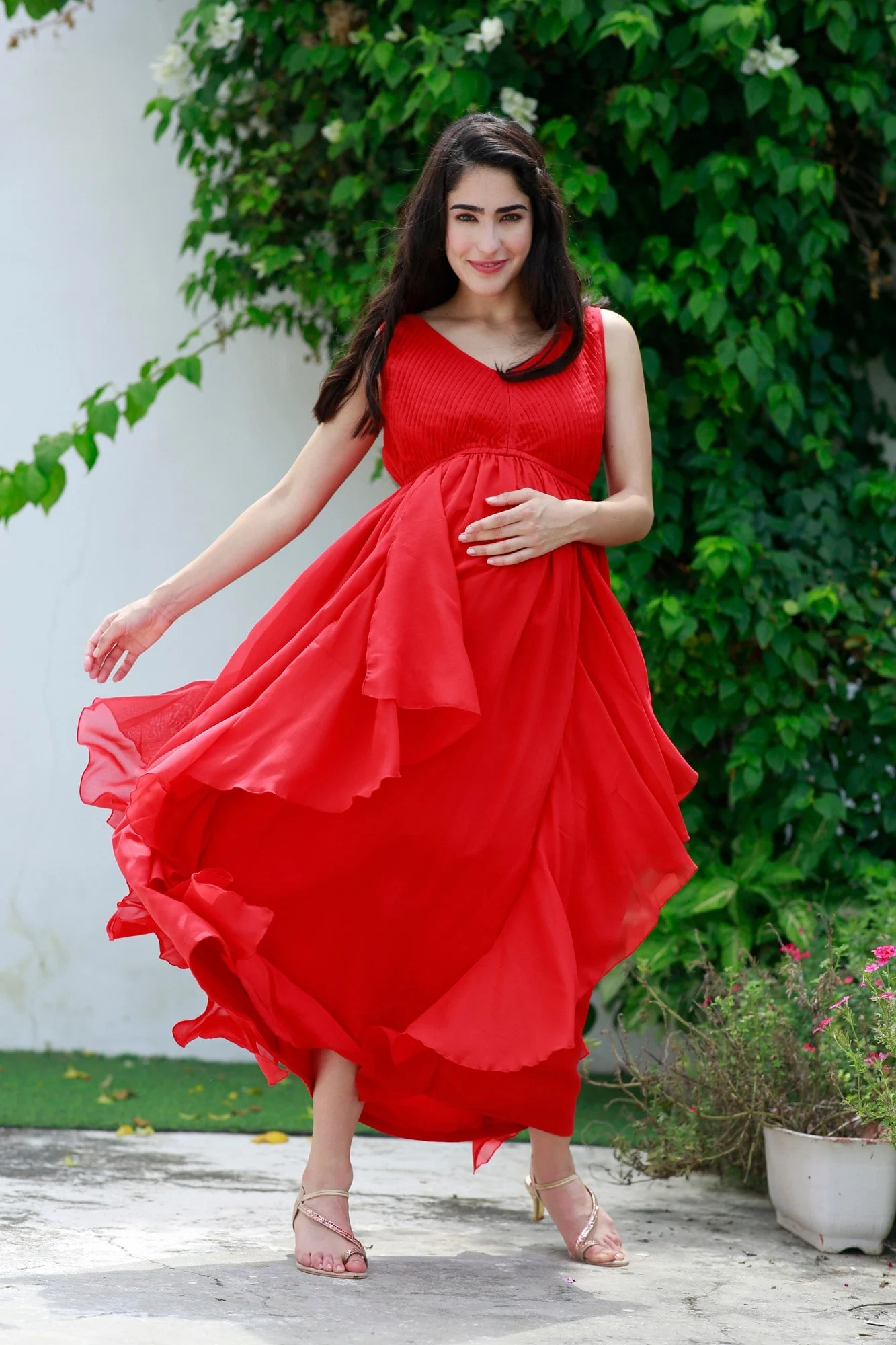 Luxe Scarlet Maternity & Nursing Pintucks Flow Dress - Chenance