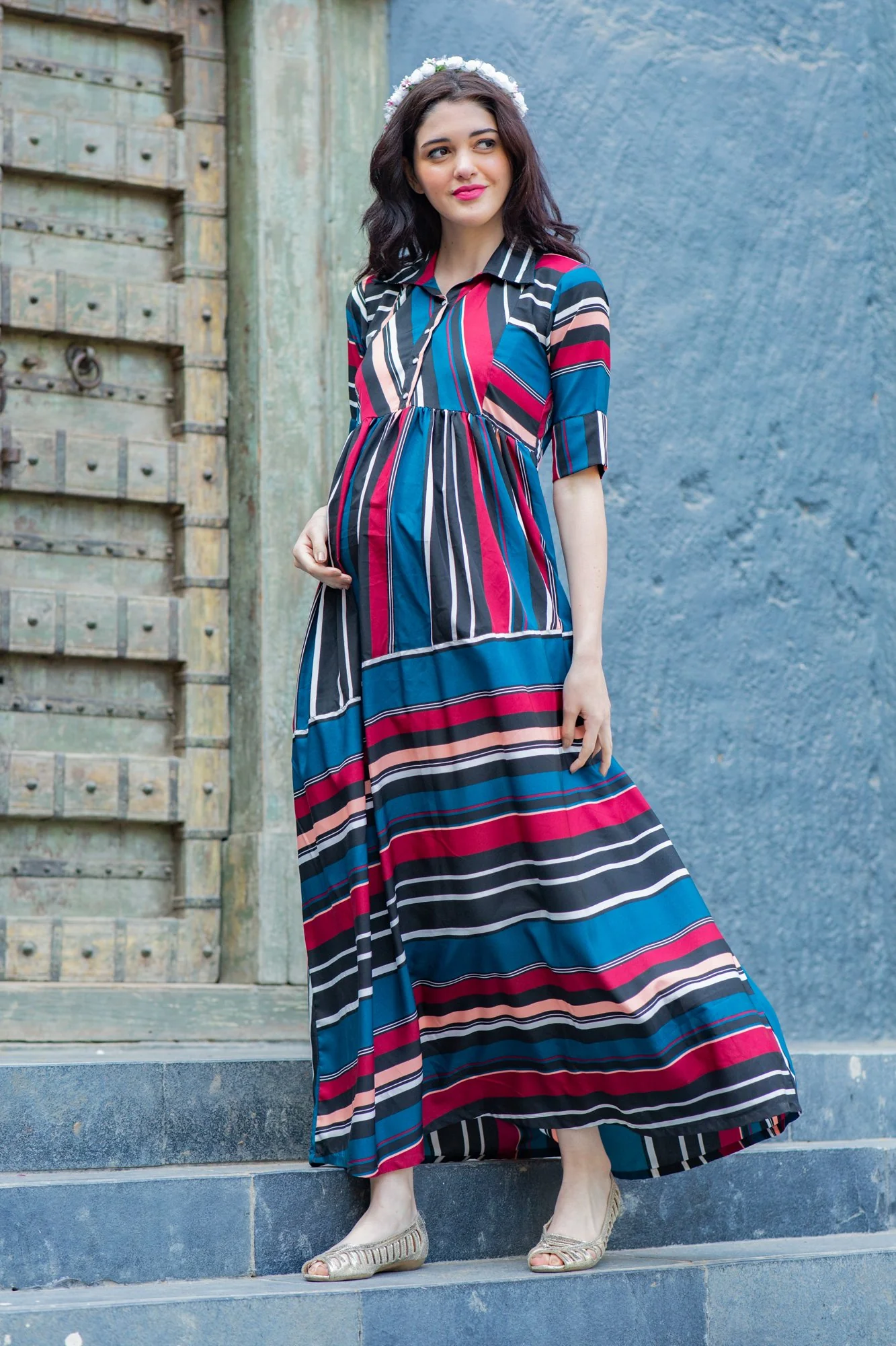 Royal Multicolor Striped Maternity & Nursing Dress - Chenance