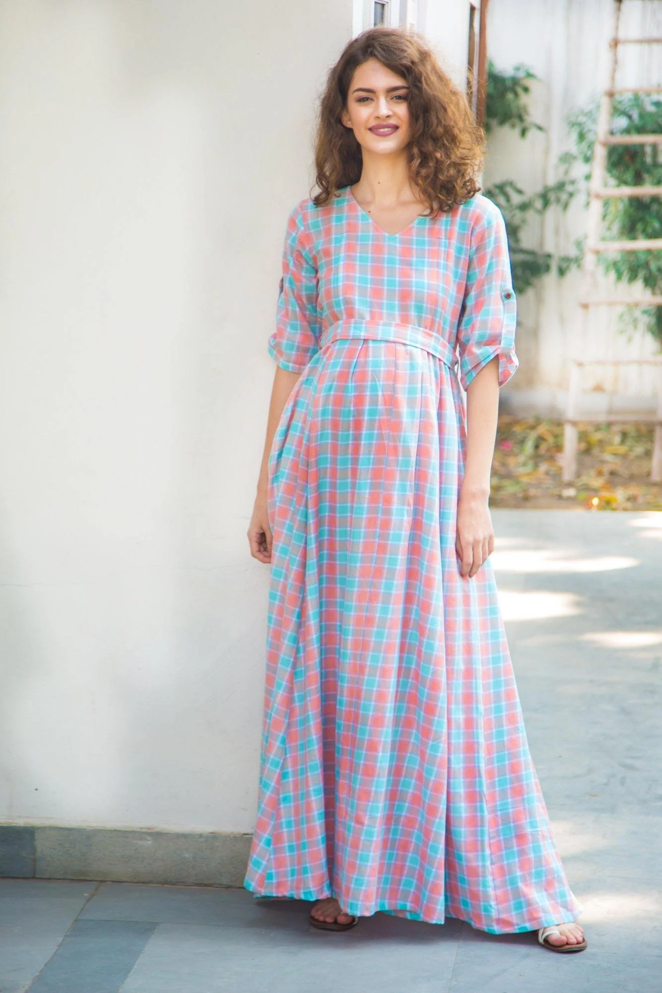 Pastel Pink Plaid Maternity & Nursing Maxi Dress - Chenance