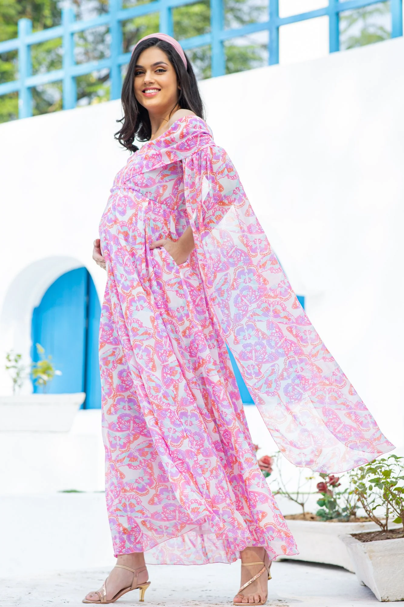 Pink Butterfly Flying Sleeves Maternity & Nursing Dress - Chenance