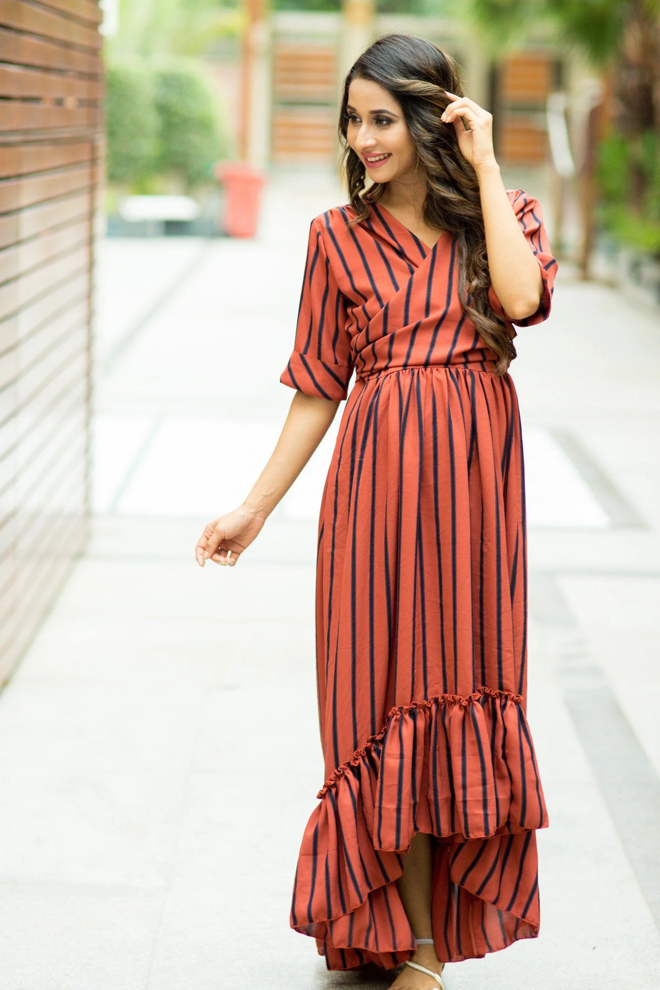 Rust Striped Hi-Low Frill Wrap Dress - Chenance
