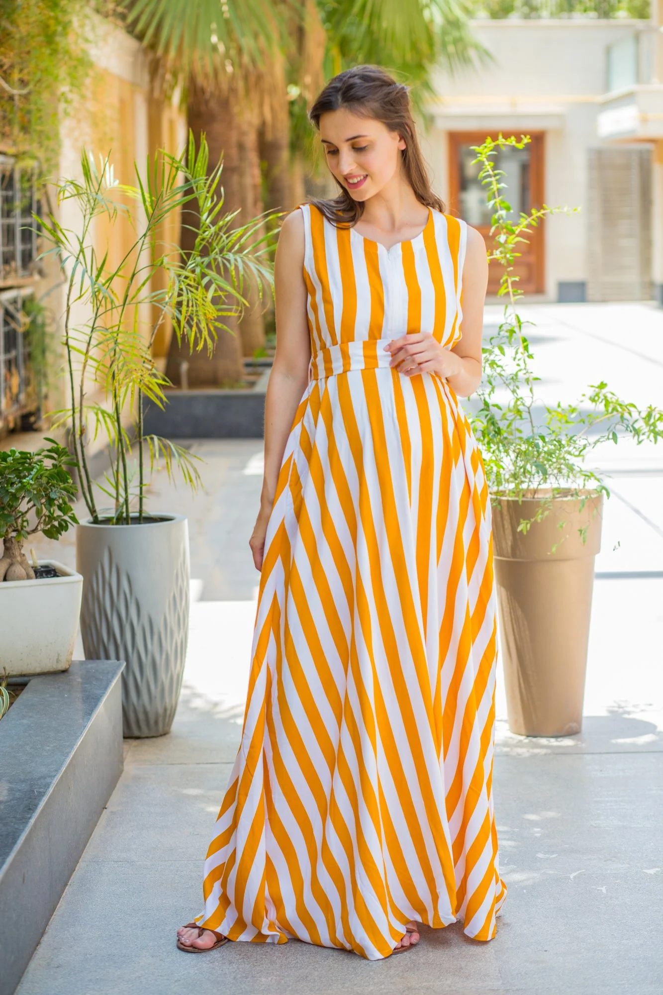 Mustard Striped Maternity & Nursing Dress - Chenance