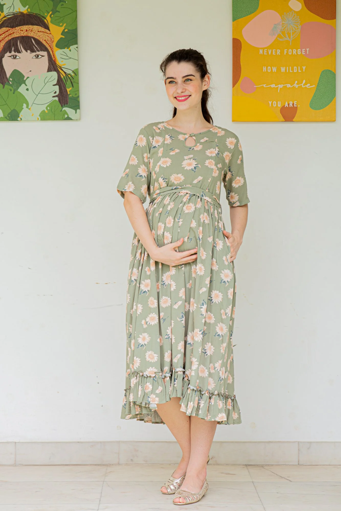 Sage Frill Crepe Concealed Zips Maternity & Nursing Dress - Chenance