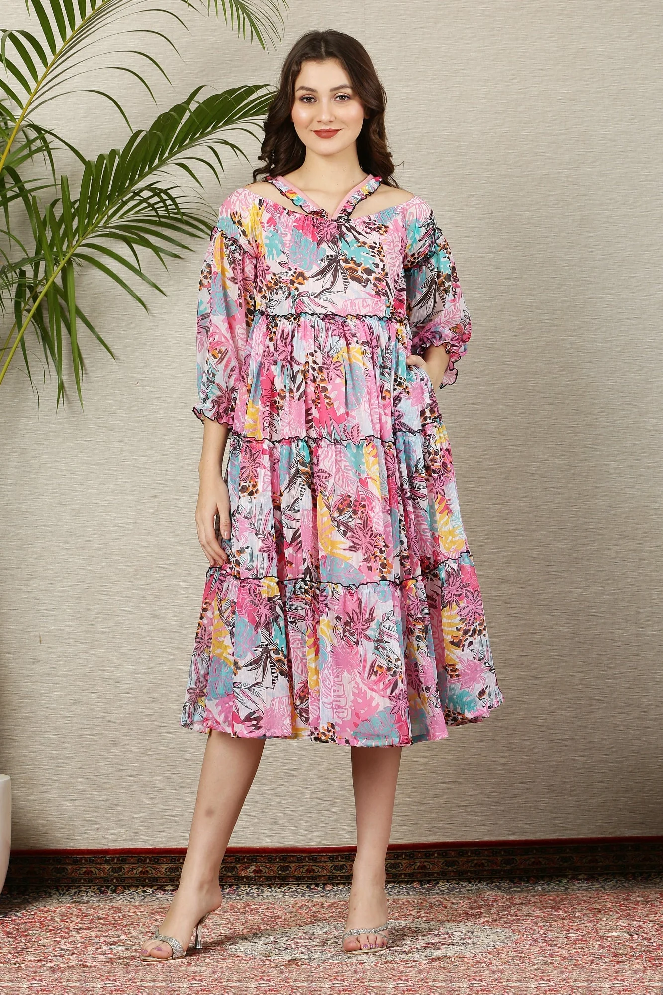 Cascading Retro Leafy Pink Halter Maternity & Nursing Frill Dress - Chenance