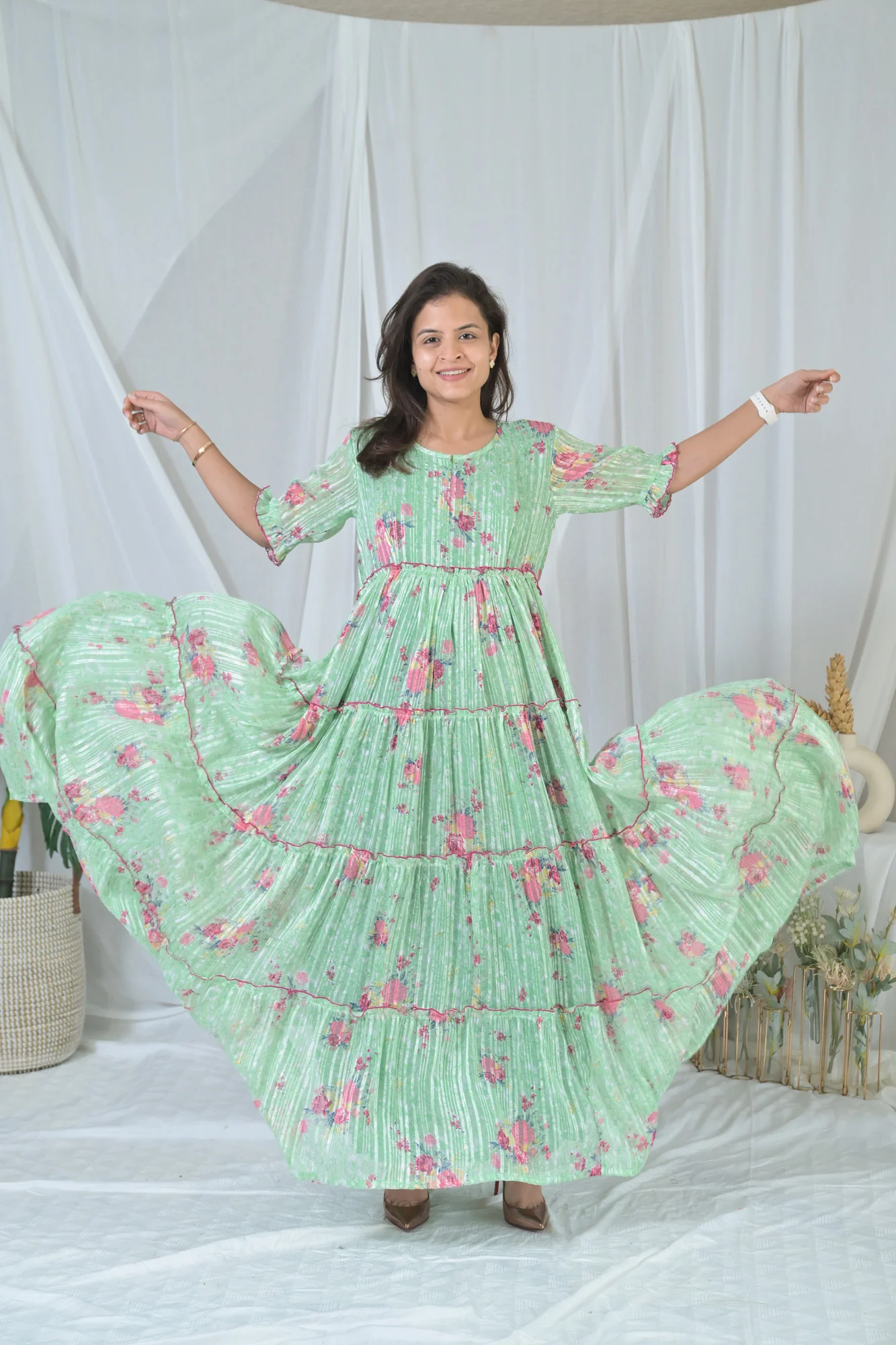 Graceful Mint Green Frill Maternity & Nursing Dress - Chenance