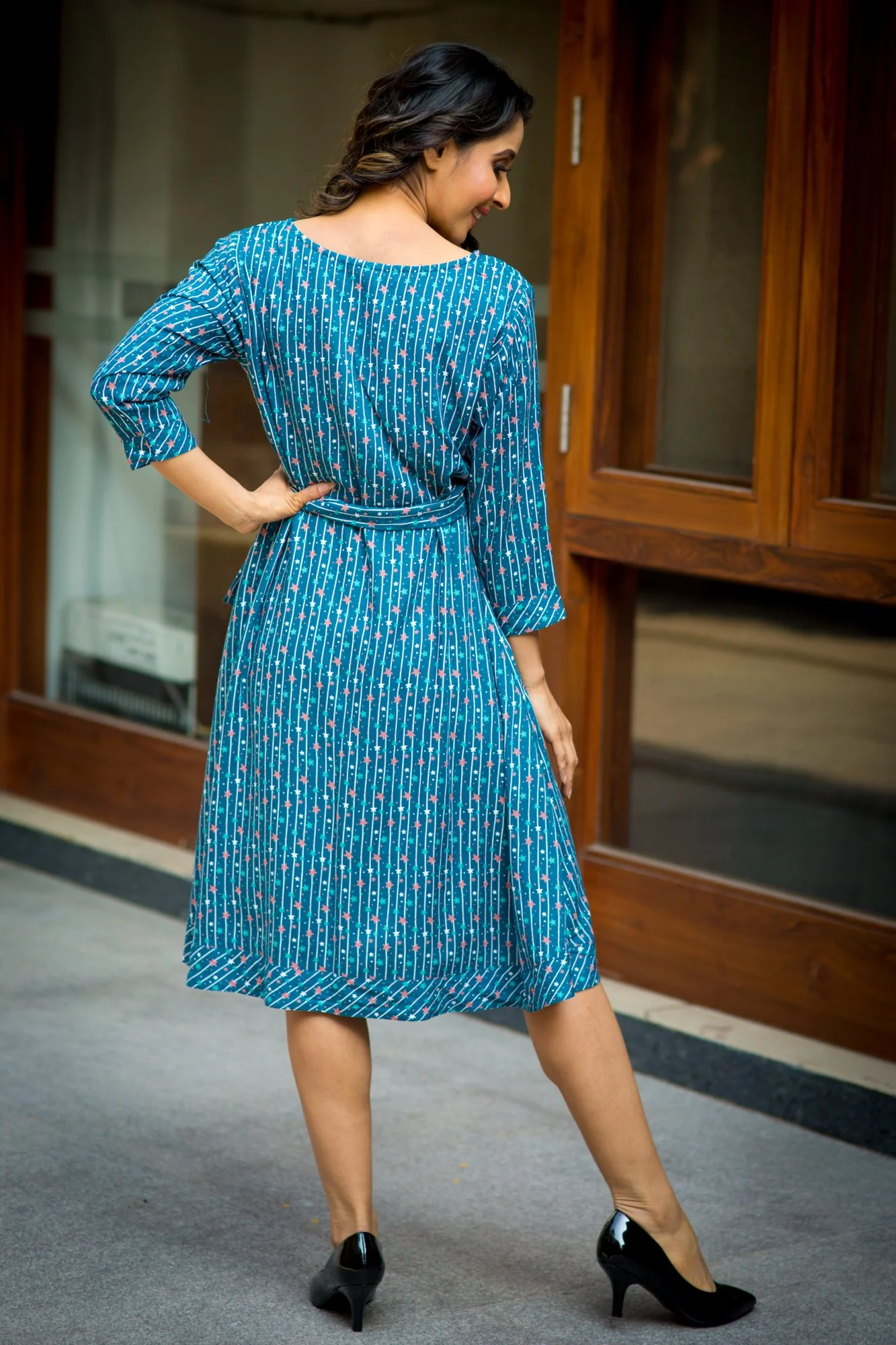 Starry Blue Striped Maternity & Nursing Front Zip Dress - Chenance