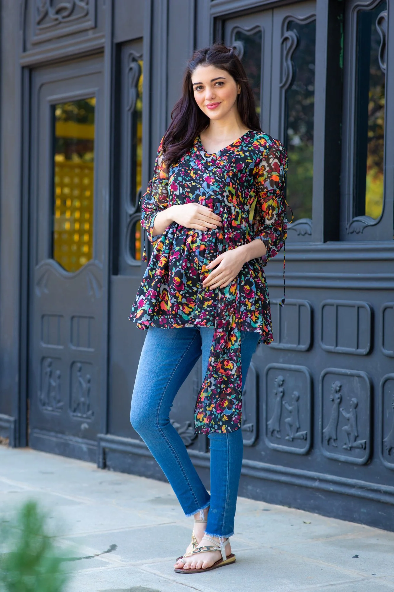 Midnight Bloom Chiffon Gathered Maternity Top - Chenance