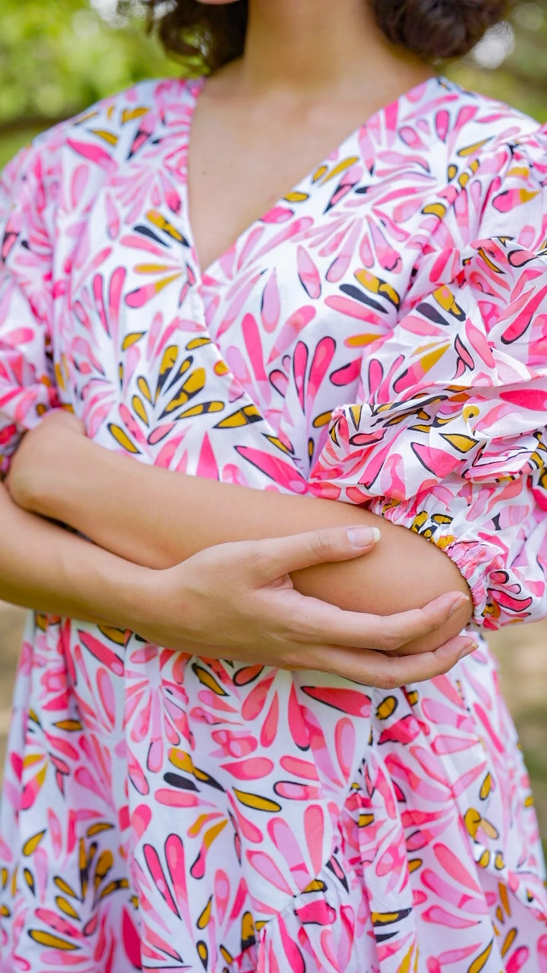 Pleasing Ivory Pinky Blossom Maternity & Nursing Frill Wrap Dress (100% Cotton) - Chenance