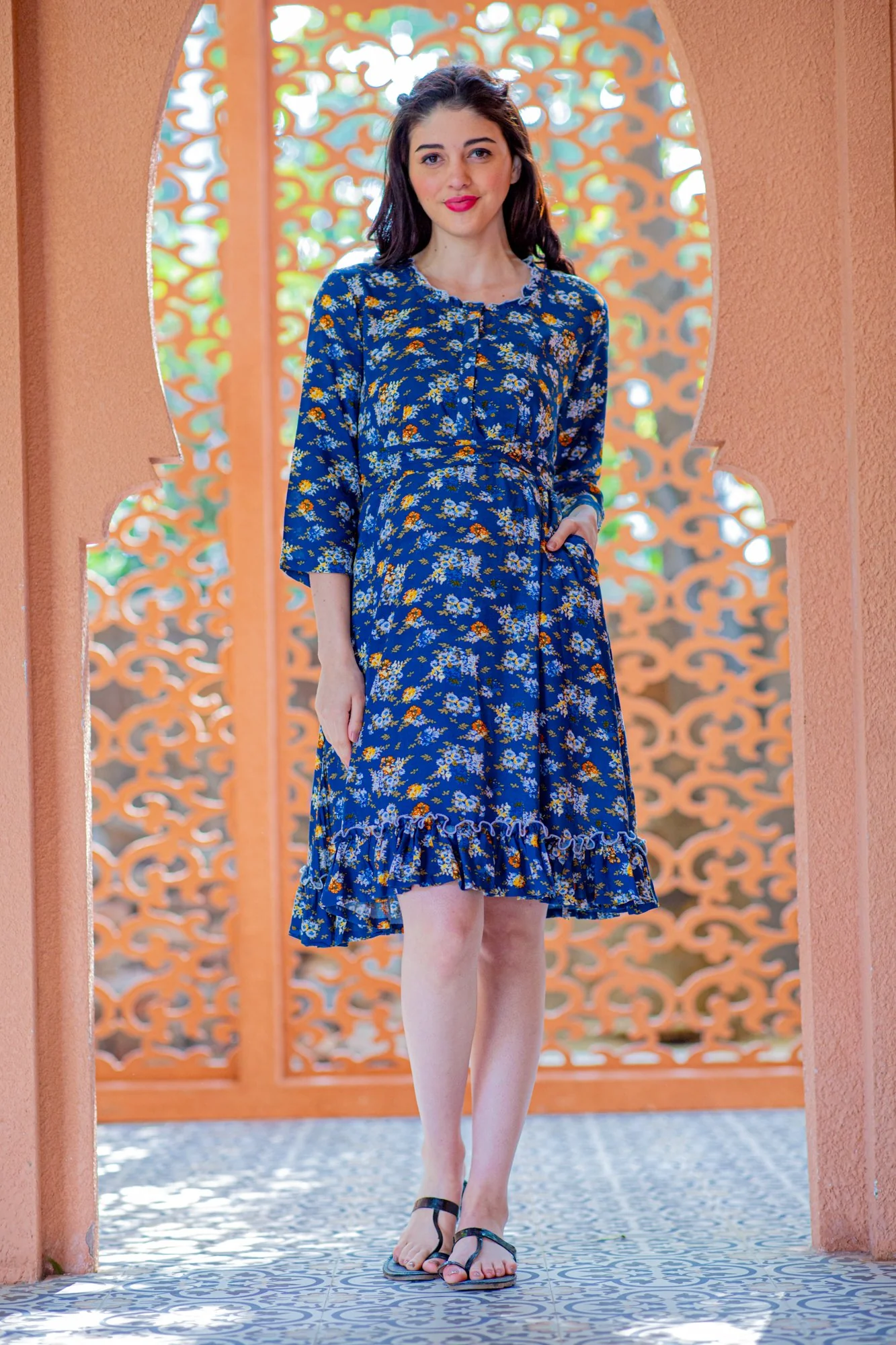 Navy Garden Maternity & Nursing Night Dress - Chenance