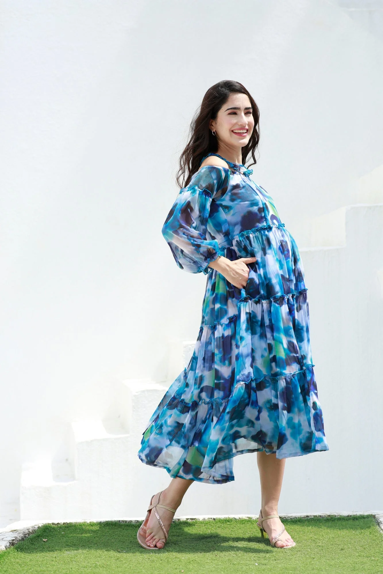 Paradise Blue Waves Halter Maternity & Nursing Frill Dress - Chenance