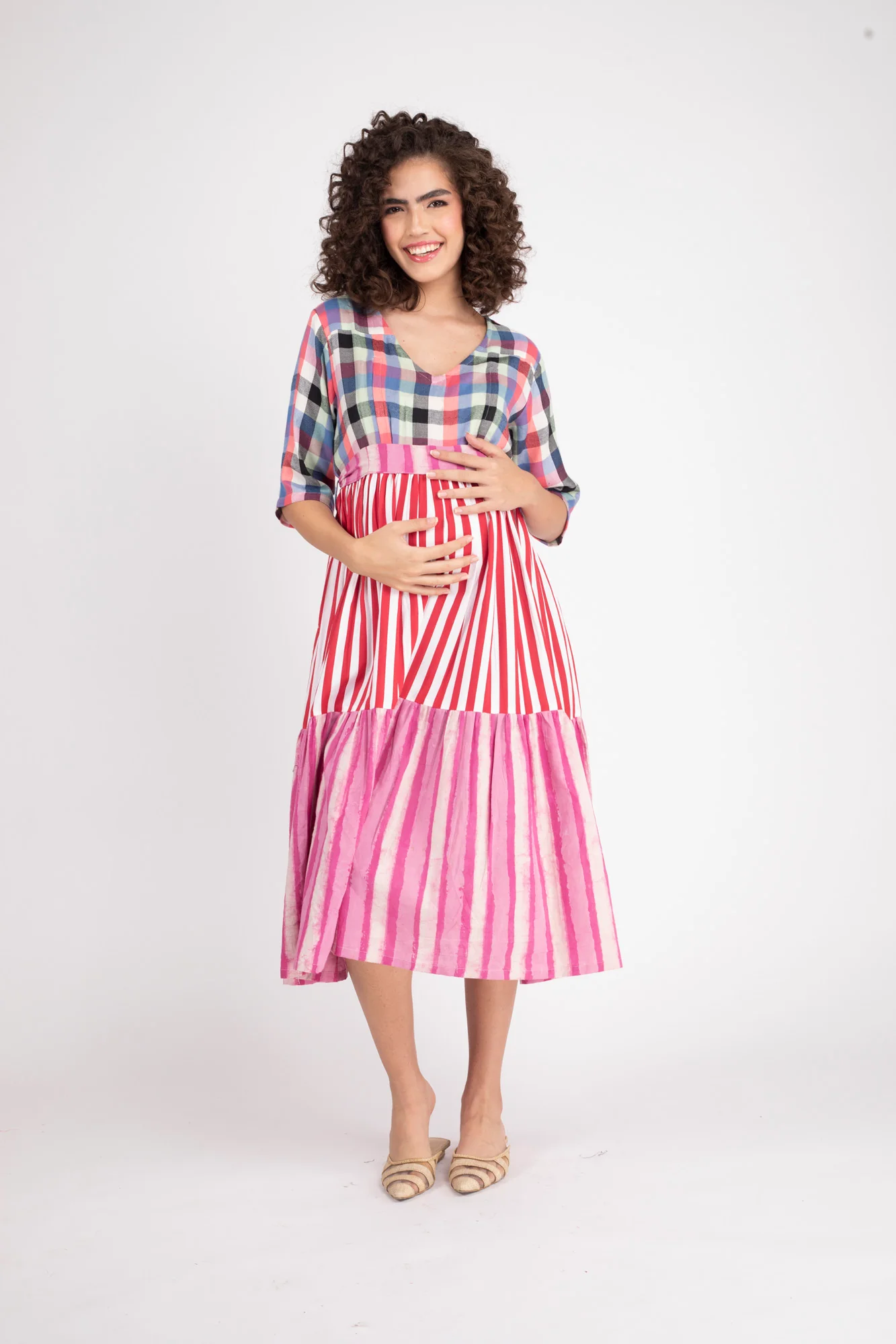 Boho Chic Striped Maternity & Nursing Gathered Dress (100% Cotton) - Chenance