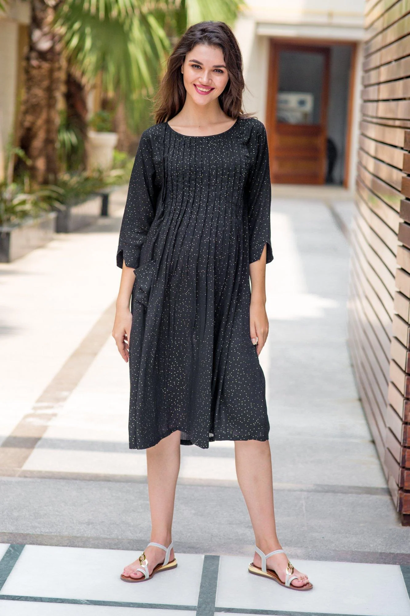 Gold Sprinkle Pleated Maternity & Nursing Kurta Dress - Chenance