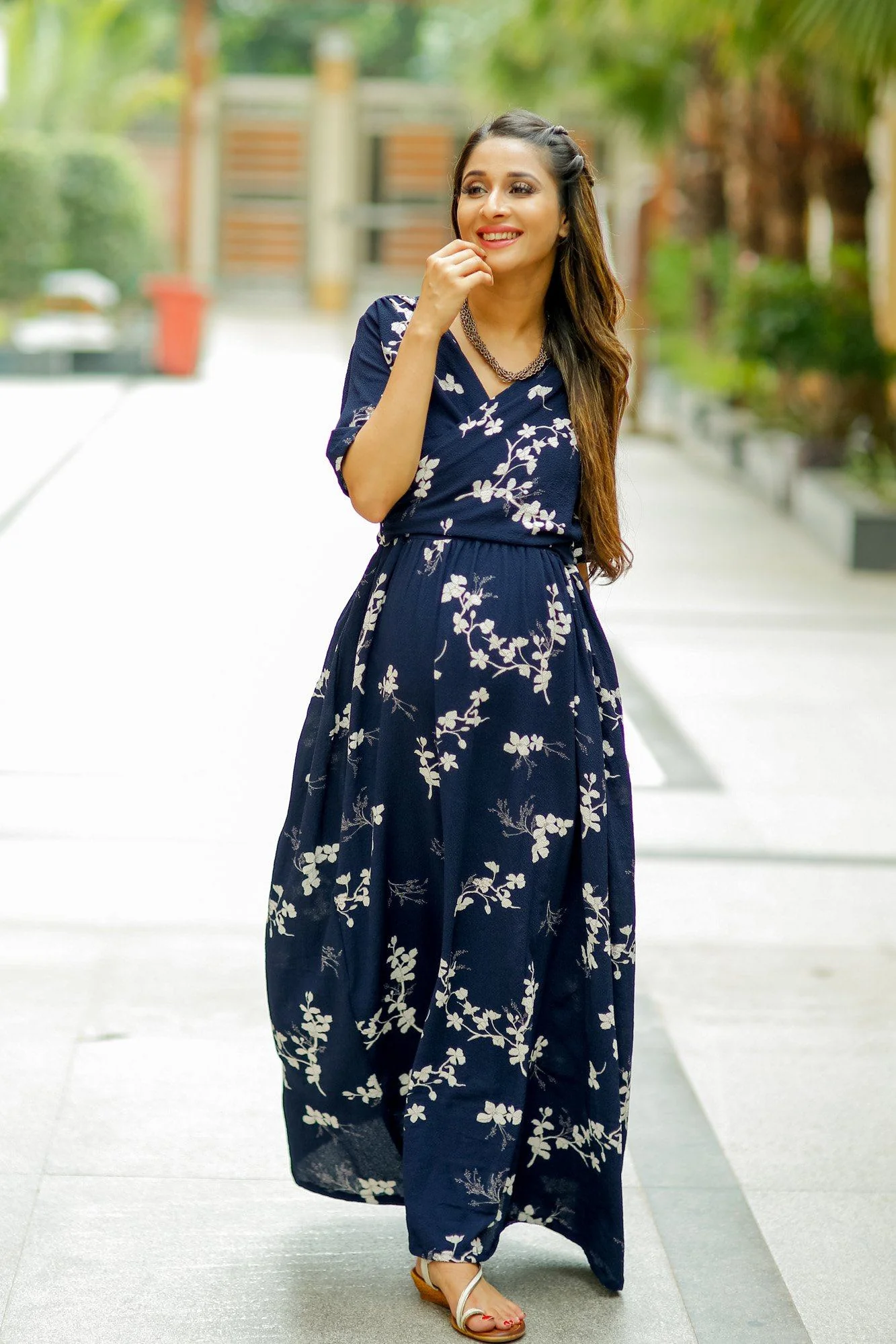 Luxe Navy Pearl Bubble Georgette Maternity & Nursing Wrap Dress - Chenance