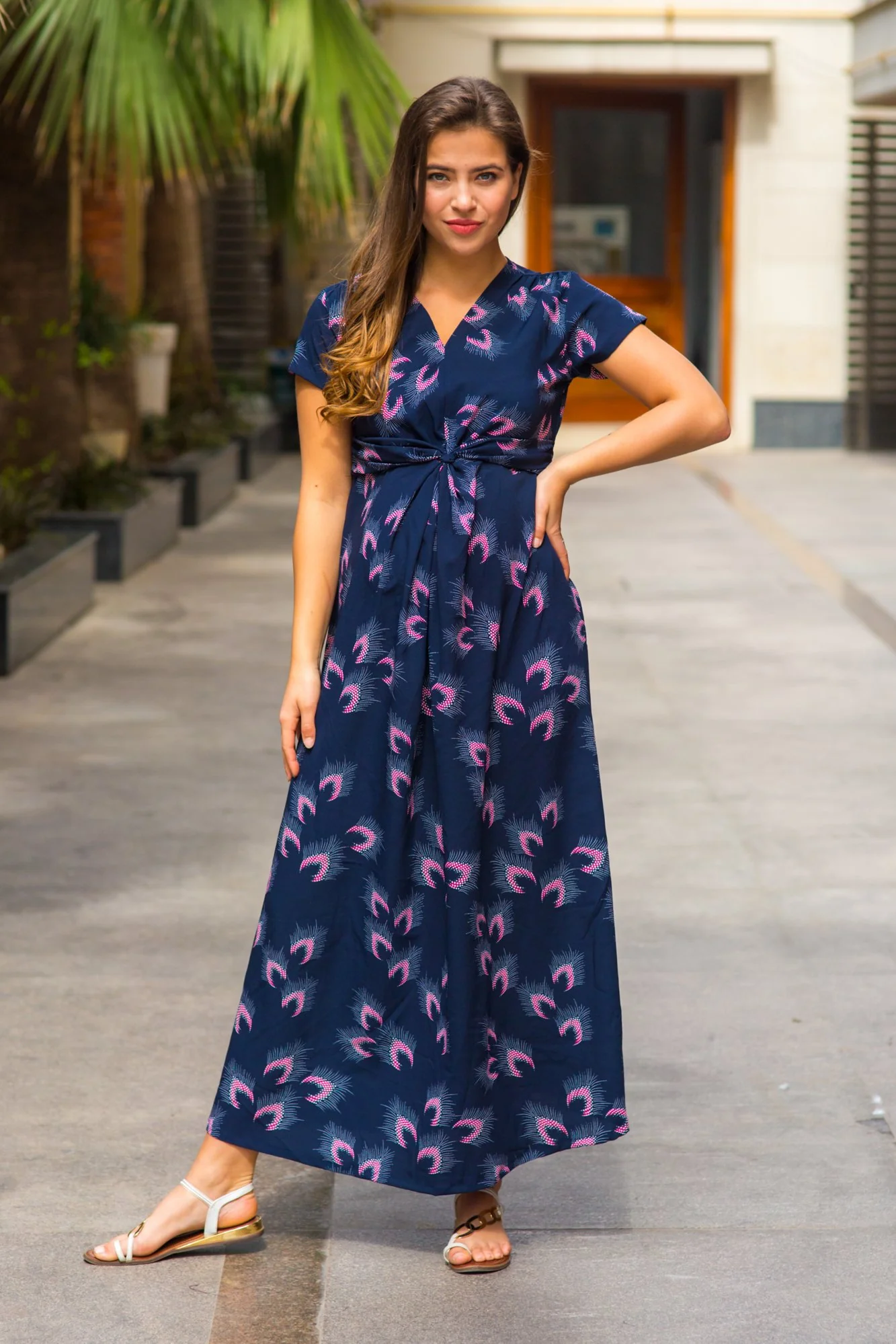 Navy Feather Maternity Knot Dress - Chenance