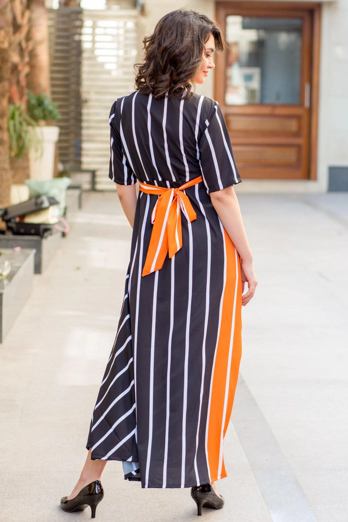 Tangerine Jade Striped Maternity & Nursing Wrap Dress - Chenance