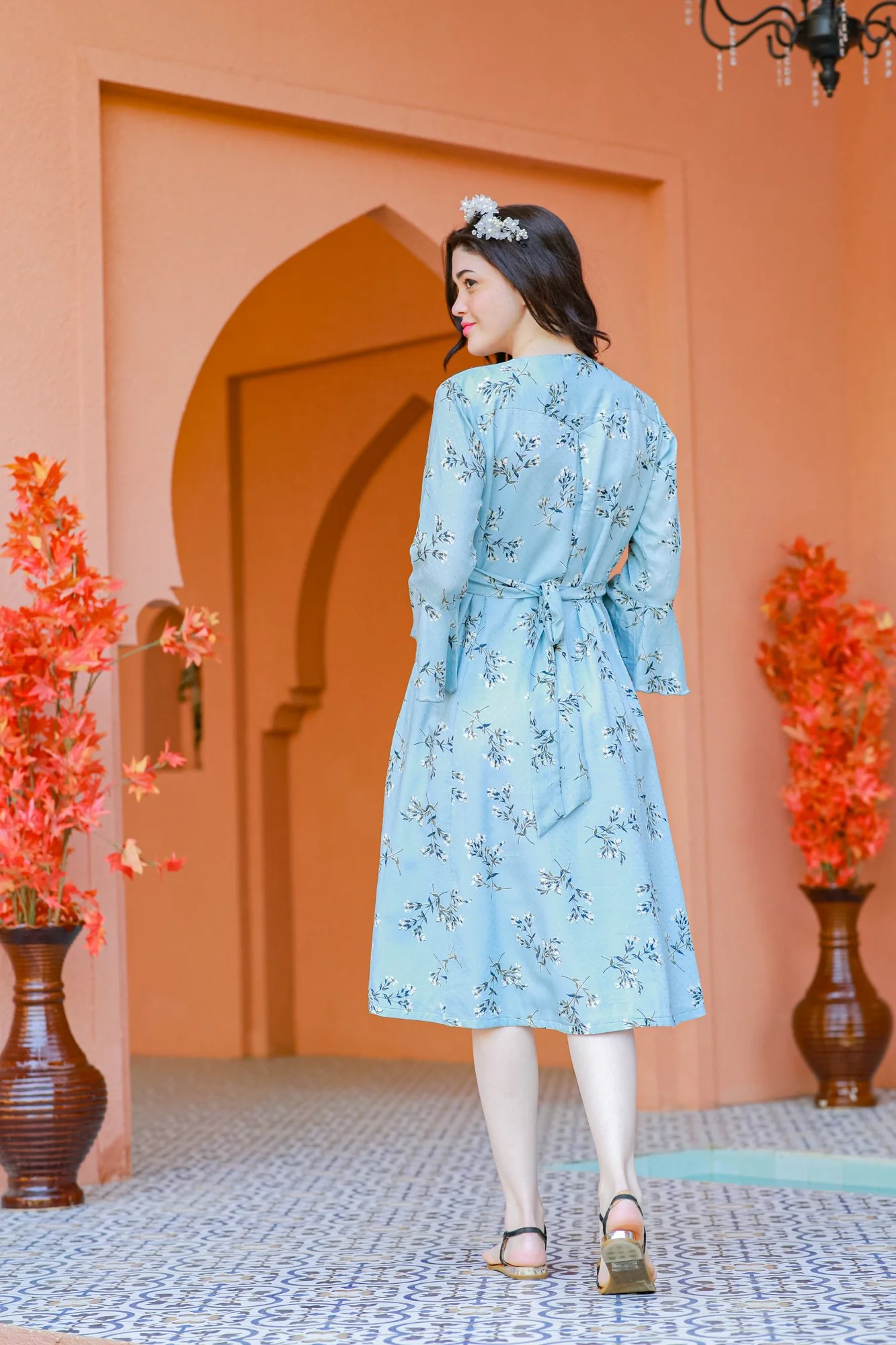 Pastel Blue Floral Front Button Maternity & Nursing Dress - Chenance