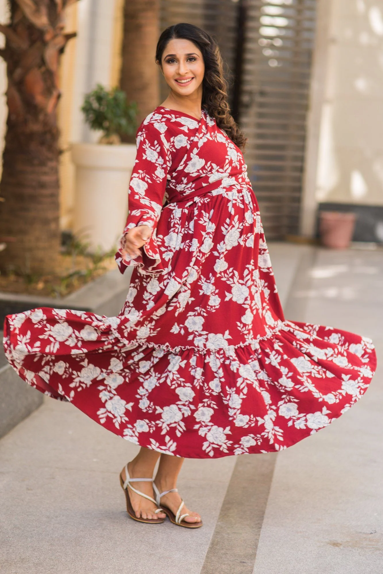 Burgundy Floral Frill Bubble Georgette Maternity & Nursing Wrap Dress - Chenance