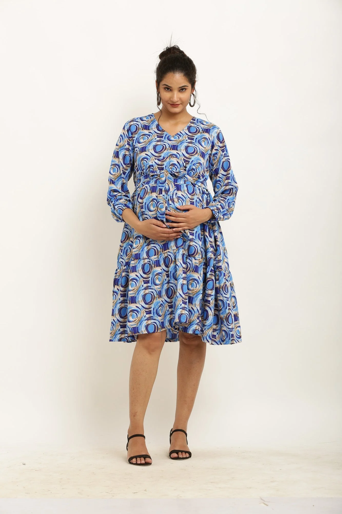 Jazzy Blue Monochrome Maternity & Nursing Layered Knee Dress - Chenance