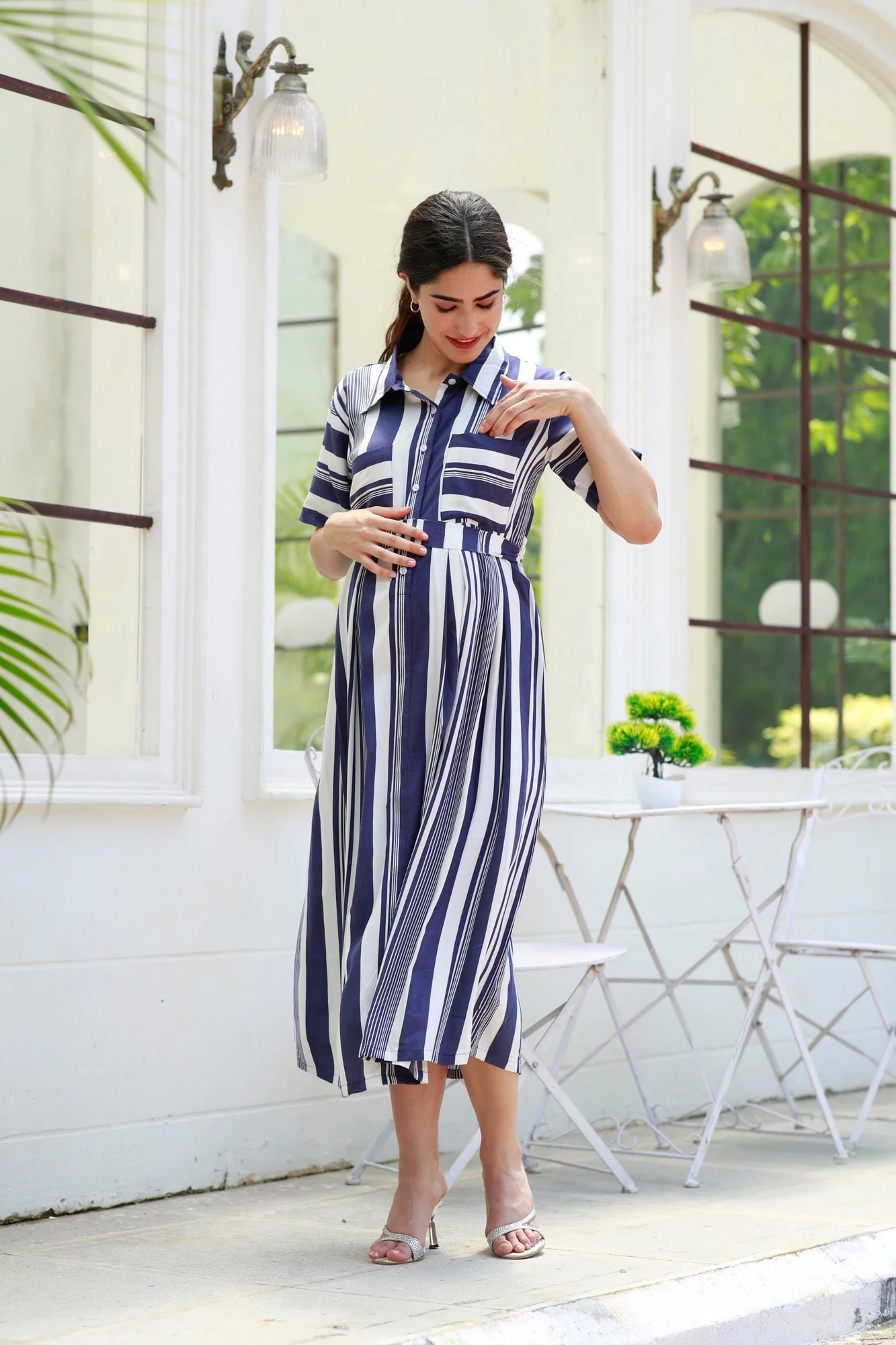 Breezy Navy Blue Striped Maternity & Nursing Dress - Chenance