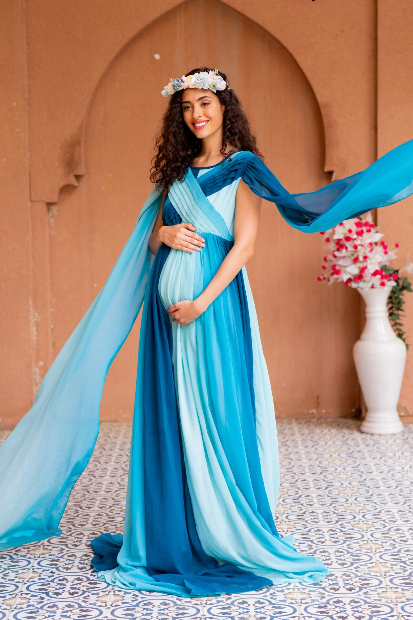 Victoria Blue Monochromatic Maternity Trail Photoshoot Gown - Chenance