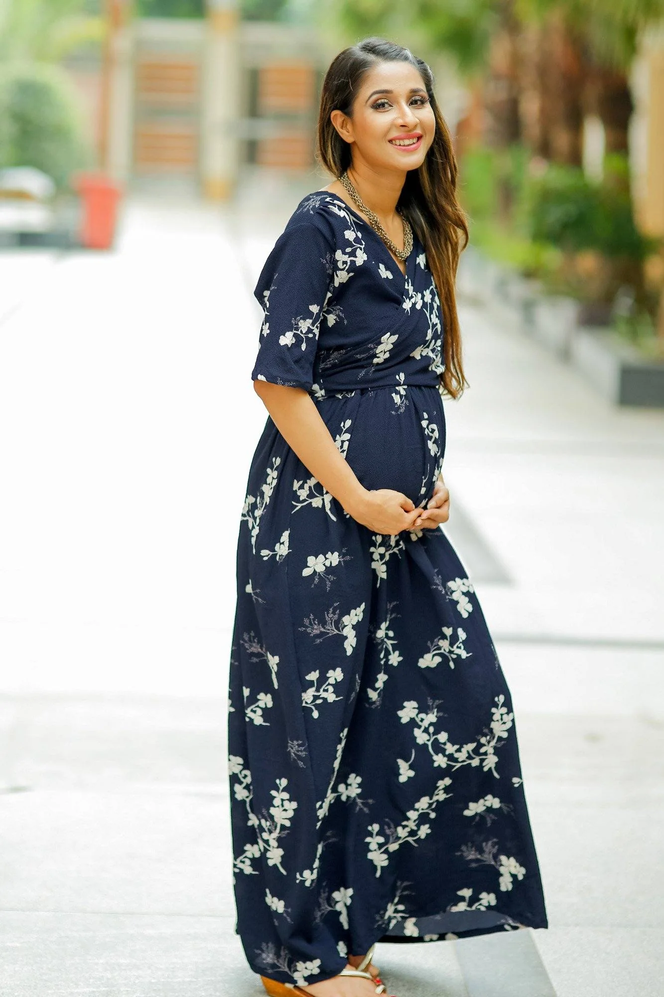 Luxe Navy Pearl Bubble Georgette Maternity & Nursing Wrap Dress - Chenance