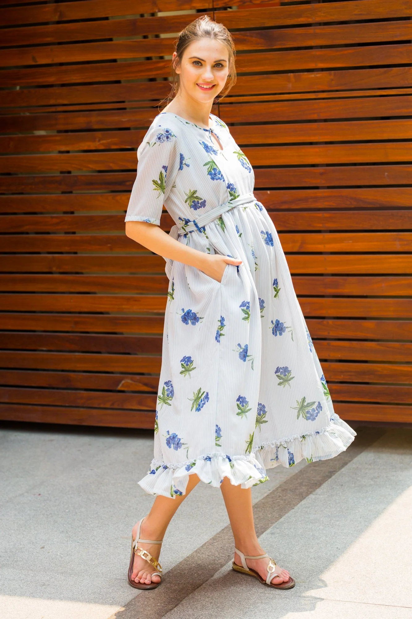 Rose Striped Concealed Zips Nursing Dress - Chenance