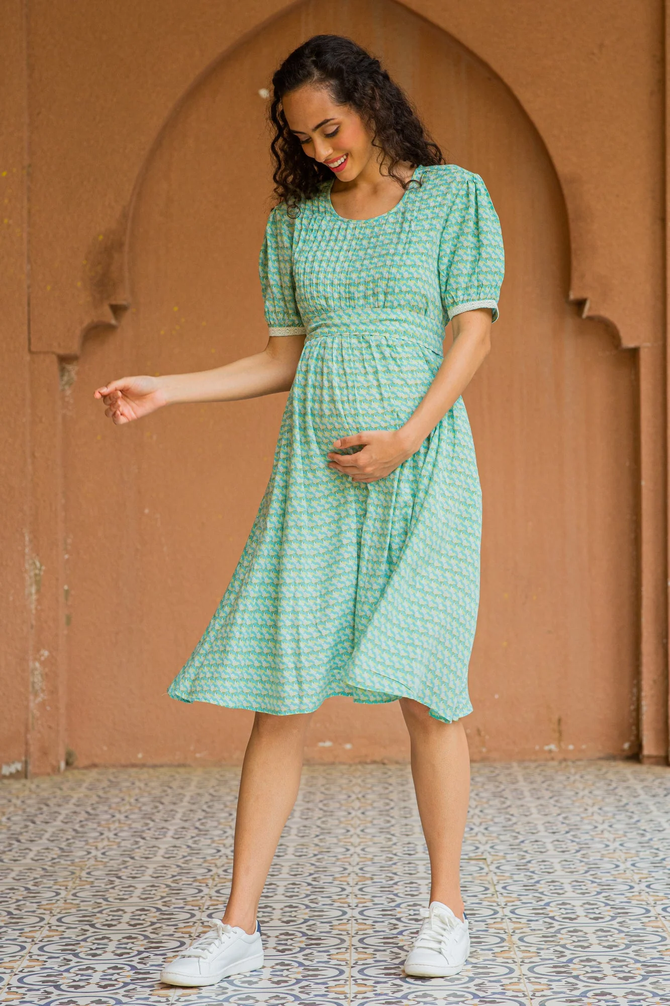 Pistachio Floral Maternity & Nursing Pintucks Knee Dress - Chenance