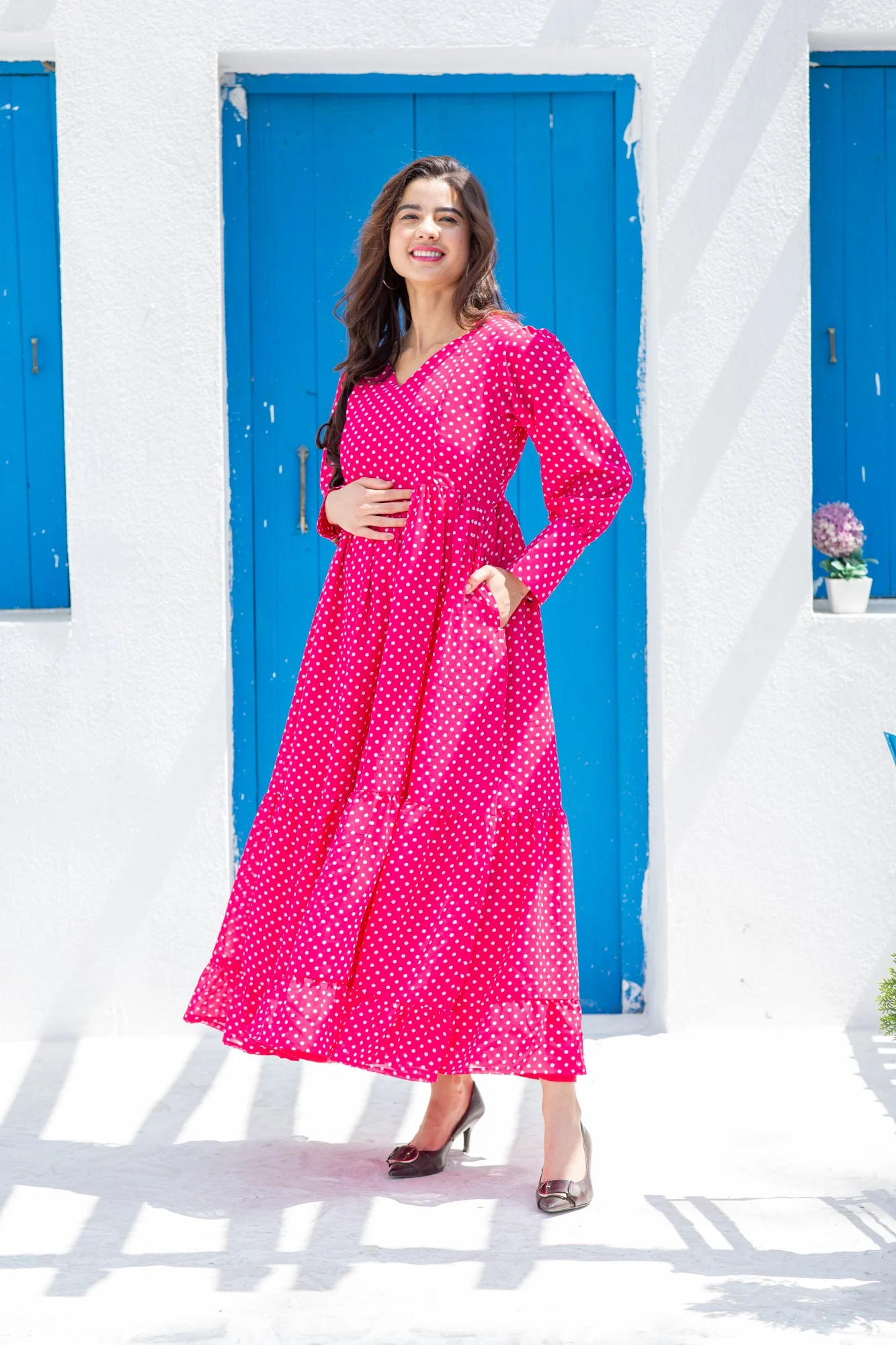 Classy Fuchsia Dotted Maternity And Nursing Dress - Chenance