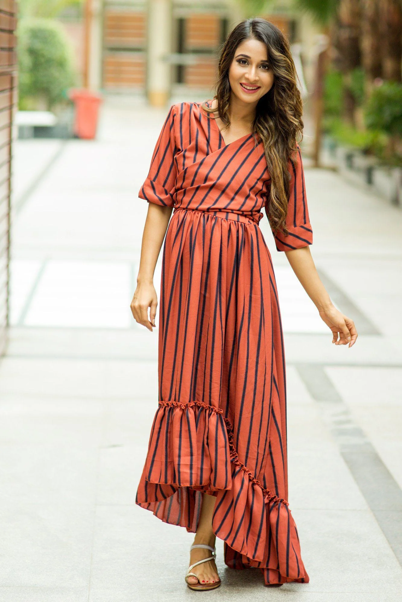 Rust Striped Hi-Low Frill Wrap Dress - Chenance